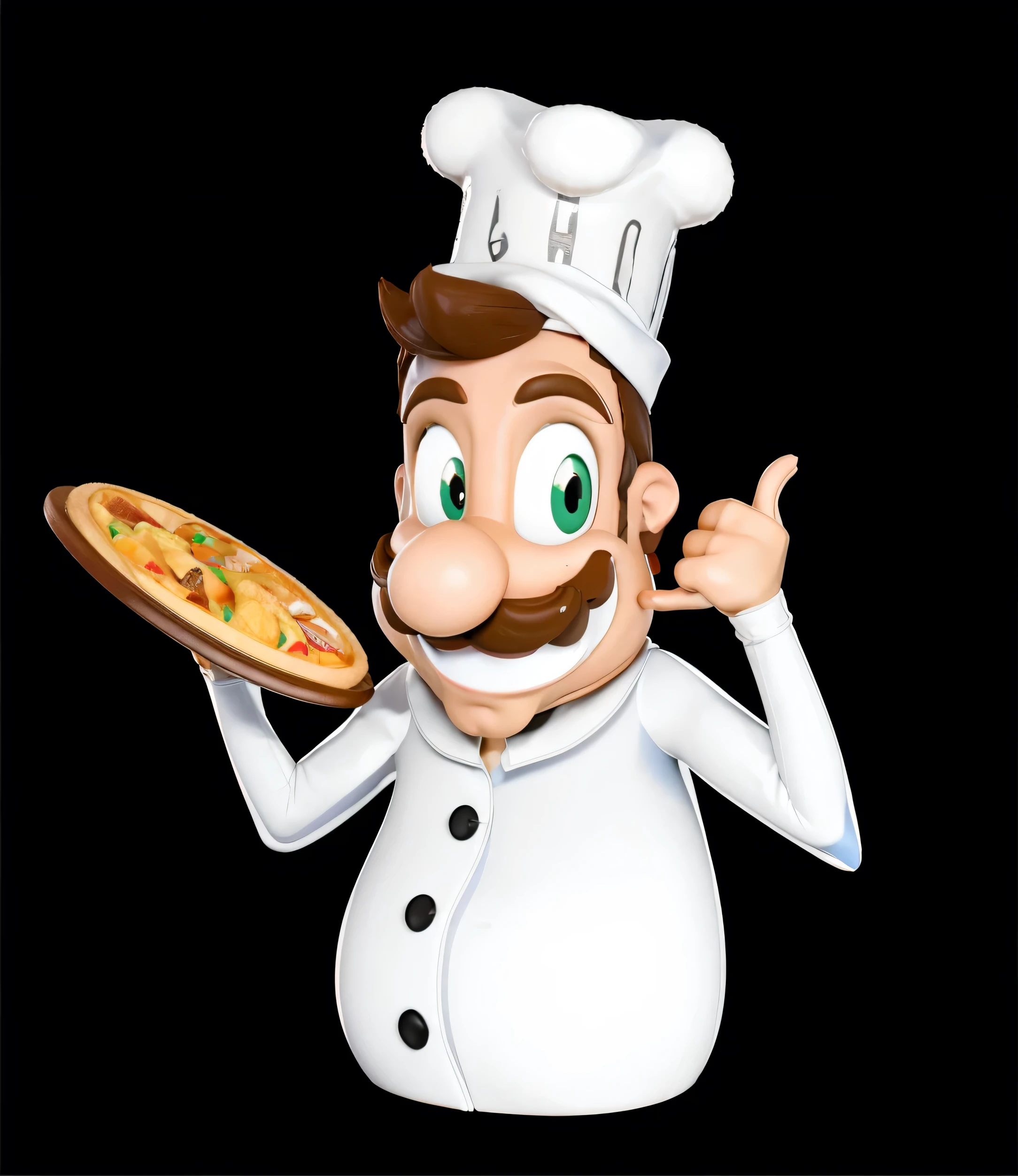 bra-prima,3d, alta qualidade, 1 , homem de bigode, Chef hat, camisa branca, sinal de me ligue, estilo disney pixar