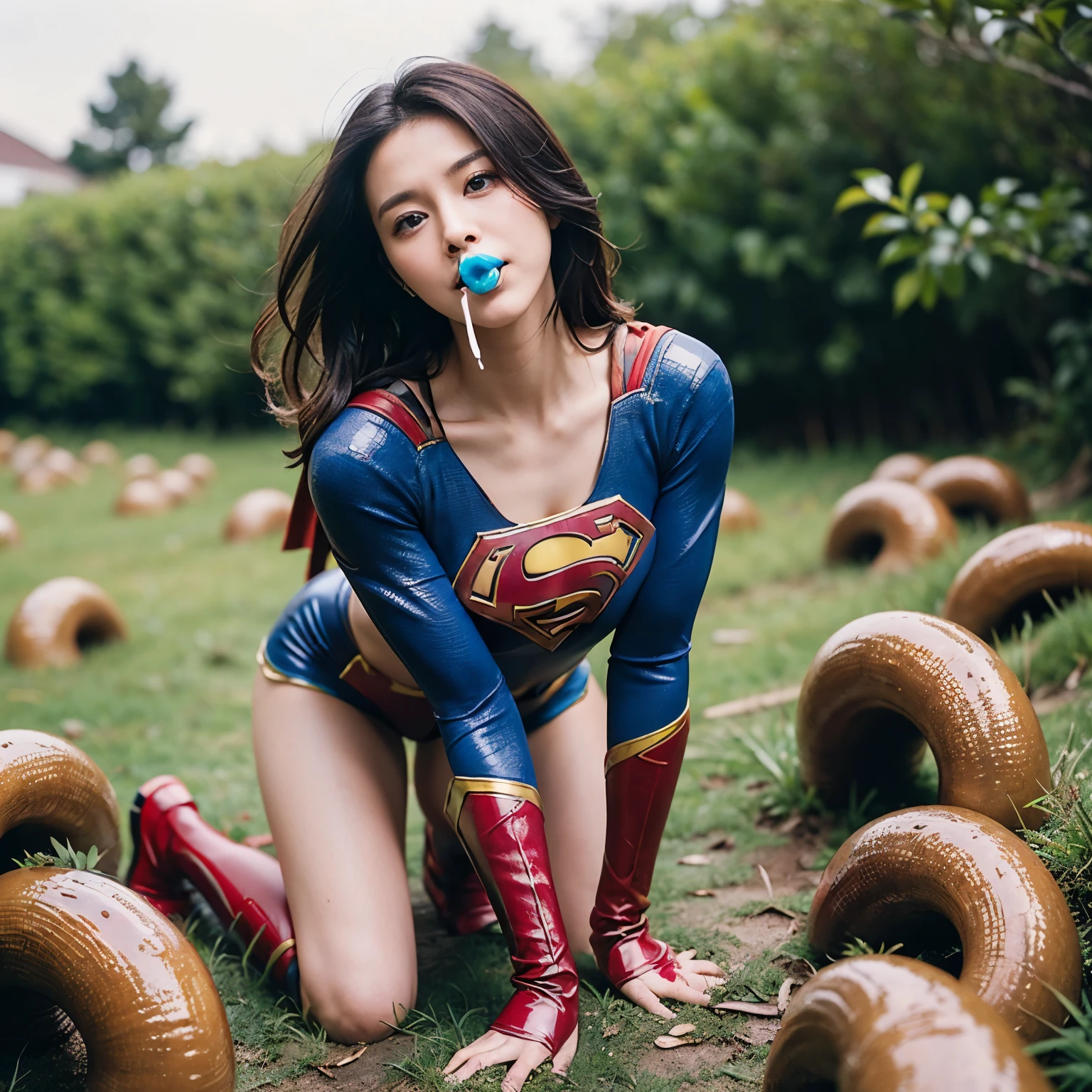 Beautiful Supergirl portrait、(Accurate Supergirl costume:1.3)、Glaring at the enemy、Open your mouth、Thigh、(Emphasize large breasts:1.3)、Studio shot、White background、Sunlight、front、Swamp、(Countless slugs crawling on my body:1,6)、(Slugs in the mouth:1.6)、