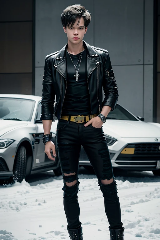 Alexander Calvert 20-year-old boy with open black jacket, blue t-shirt with snow print, short black hair, punk style, yellow locks, black jeans, green eyes, black leather belt, silver buckle, slim muscular build, cross medallion, silver bracelet, looking straight at the viewer