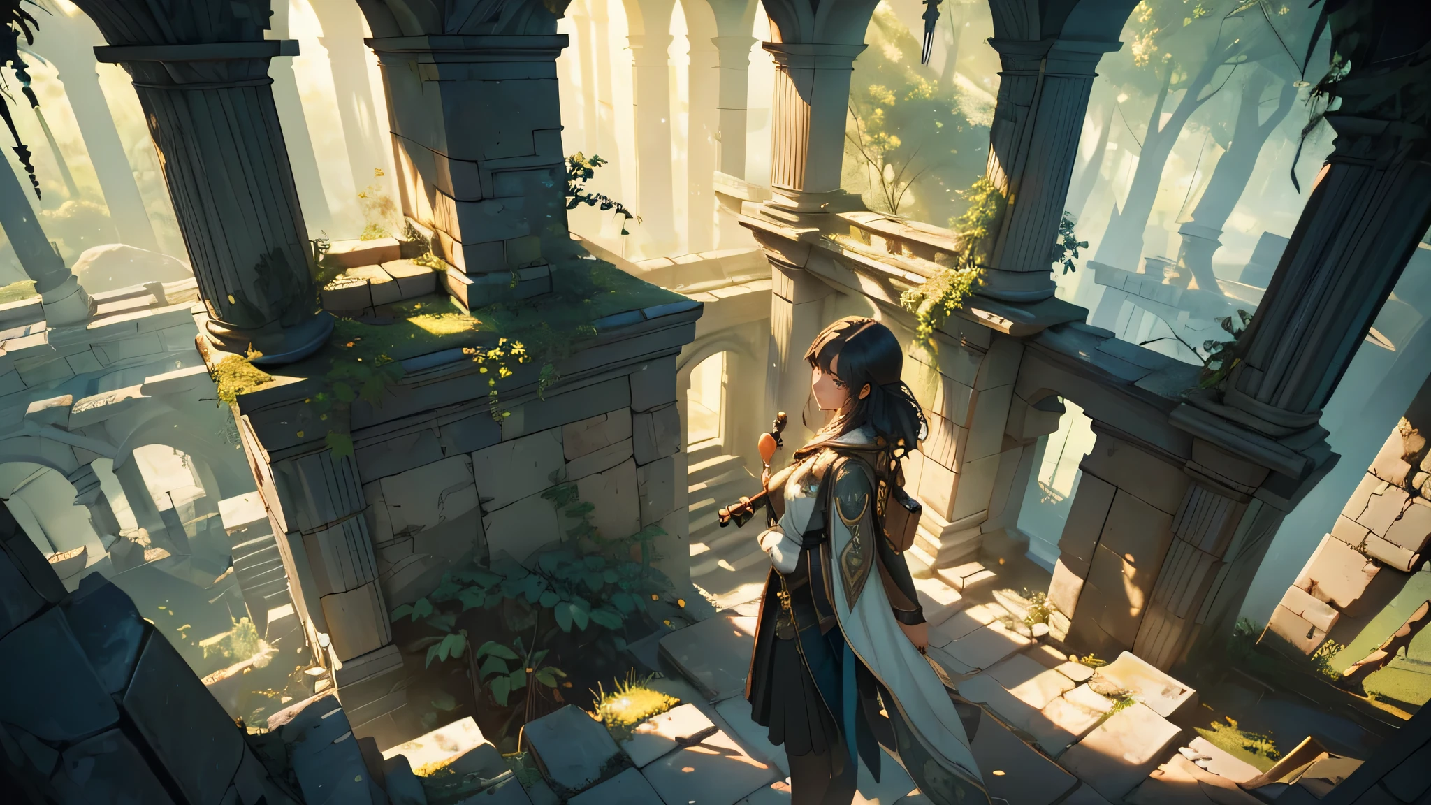 (best quality,4k,8k,highres,masterpiece:1.2),ultra-detailed,(realistic,photorealistic,photo-realistic:1.37),HDR,UHD,studio lighting,ultra-fine painting,sharp focus,physically-based rendering,extreme detail description,professional,vivid colors,bokeh, portraits, landscape, horror, anime, sci-fi, photography, concept artists, colorful, ethereal lighting effect from above
a girl with long, braided black hair wearing black and white adventurer clothes is walking down a dark, narrow corridor deep inside ancient ruins. The ruins are carved entirely out of stone and are covered in mysterious markings and symbols. The corridor is dimly lit, with flickering torches placed sporadically along the walls, casting eerie shadows onto the girl's face.
As she ventures further into the ruins, she discovers a large chamber filled with ancient artifacts and treasures. The chamber is bathed in ethereal light coming from above, illuminating the intricate details of the golden statues and jewel-encrusted walls. The girl's eyes widen in awe as she gazes at the mesmerizing sight before her.
The air is heavy with the scent of age and mystery, adding to the sense of adventure and anticipation. The girl's footsteps echo through the chamber as she cautiously walks towards a pedestal in the center. On the pedestal, there is a glowing gemstone that emits a faint, otherworldly light, drawing the girl closer.
Outside the chamber, glimpses of a fantastical landscape can be seen through broken walls and overgrown vegetation. Towering mountains covered in lush greenery reach towards the sky, hinting at the vastness of the world beyond the ruins. The girl's curiosity is piqued as she catches a glimpse of a mythical creature flying gracefully in the distance.
The colors in the scene are vibrant and surreal, with a mix of deep blues, vibrant greens, and warm golden hues. The highlights and shadows create a dramatic contrast, enhancing the realism and depth of the image. The overall atmosphere is fil