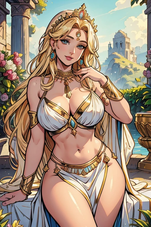 (best quality,4k,8k,highres,masterpiece:1.2),ultra-detailed,realistic,portrait, Aphrodite goddess and Isis goddess daughter, glowing skin, flowing golden hair, ethereal beauty, radiant smile, serene expression, elegant posture, divine beauty, ancient Greek attire, delicate jewelry, goddess crowns, celestial beings, vibrant colors, soft pastel tones, gentle lighting, heavenly atmosphere, mythological creatures, lush garden backdrop