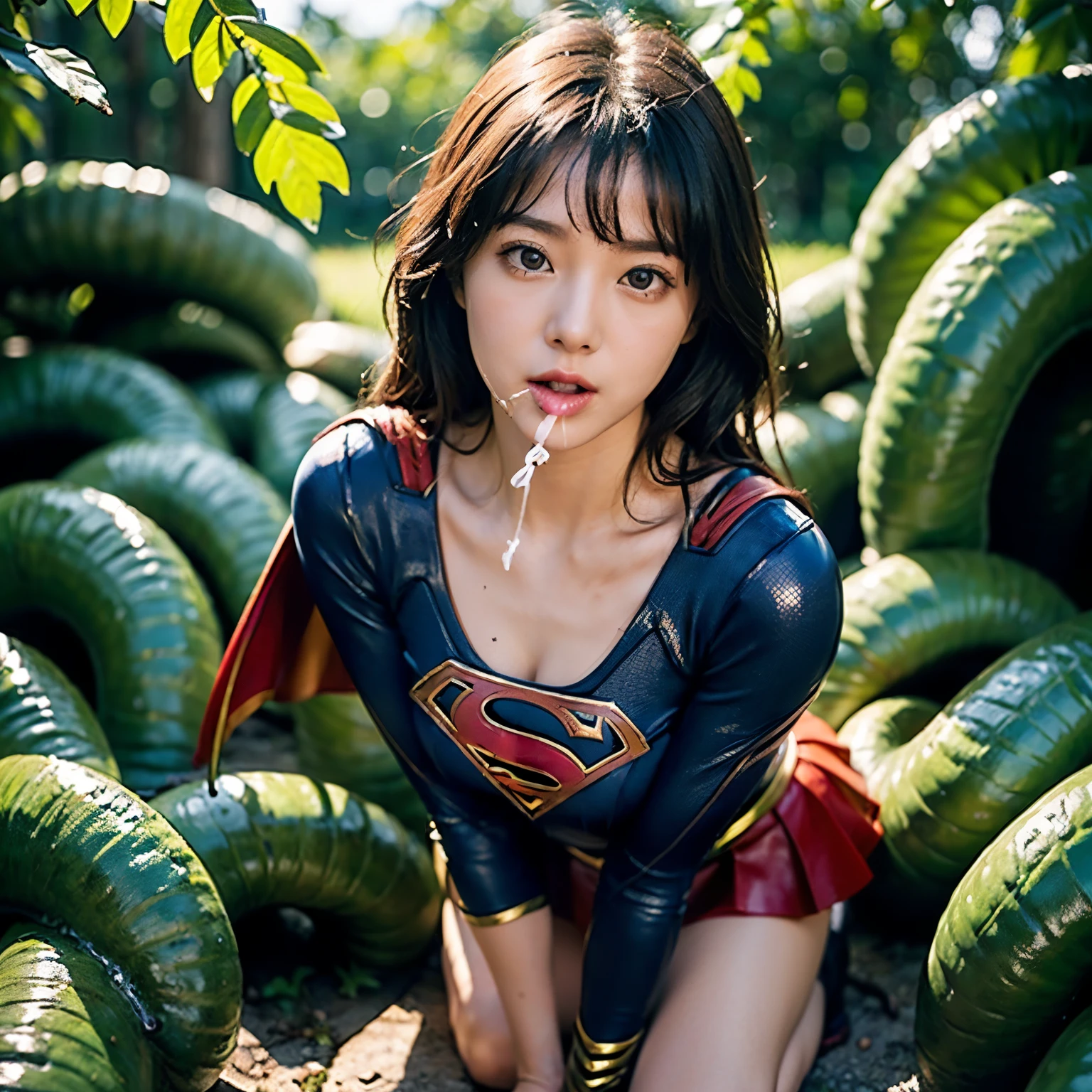 Beautiful Supergirl portrait、(Accurate Supergirl costume:1.3)、Glaring at the enemy、Open your mouth、Thigh、(Emphasize large breasts:1.3)、Studio shot、White background、Sunlight、front、Swamp、(Countless slugs crawling on my body:1,6)、(Slugs in the mouth:1.6)、