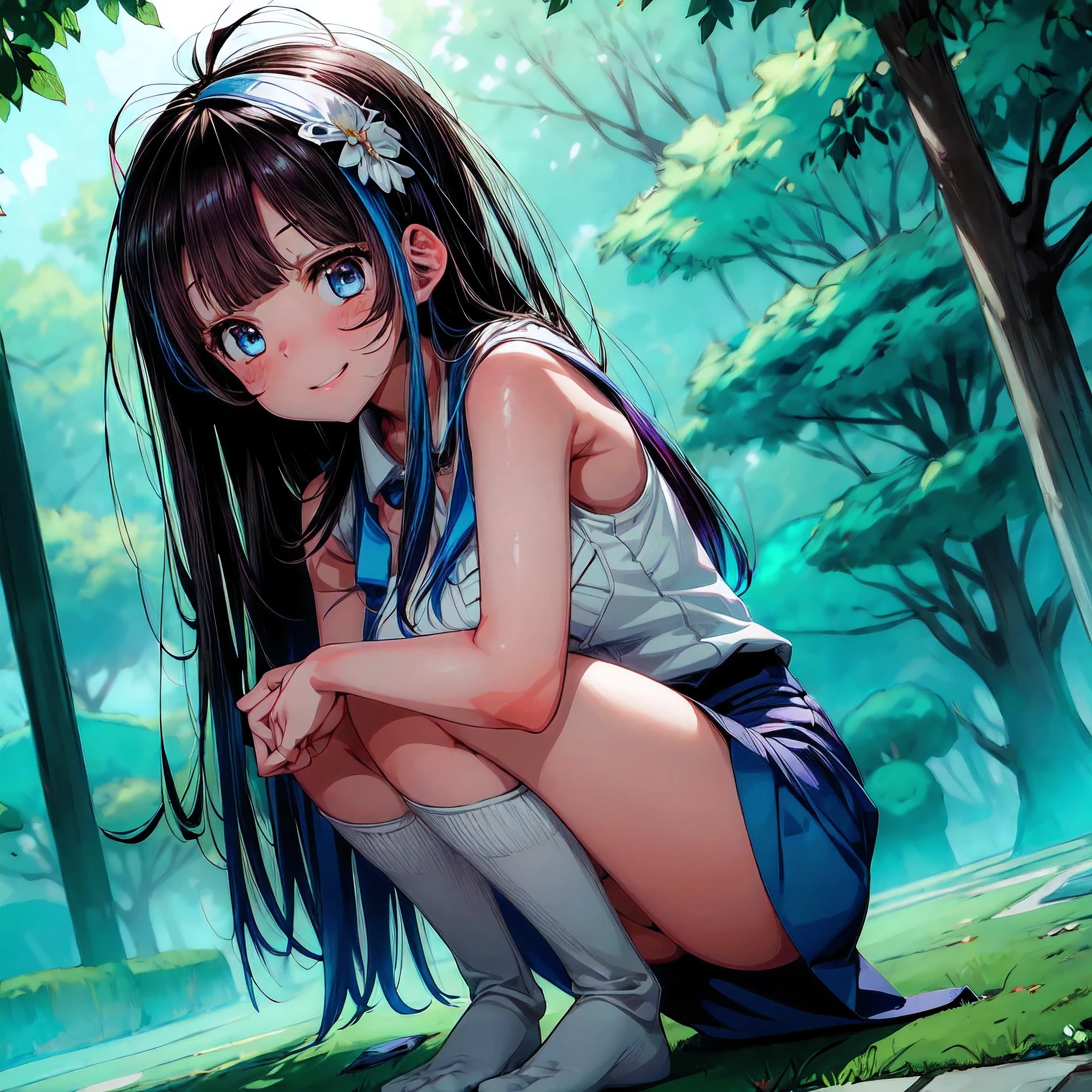 daytime, sunlight, 1 girl, 8K resolution, blue hair, blue eyes, glowing eyes, white short skirt, Blush, Cheongsam dress, sleeveless shirt, sunlight, Wet from the rain, seethrough, Sit with your knees raised, pussy, Spread your legs slightlyม smile, the skirt is lifted up, highest quality, High resolution, highly detailed face, perfect lighting, highest detailed CG, (perfect hands, perfect anatomy), mini yaemori, perfect figure, in love expression, bottomless, armpit, medium breast,