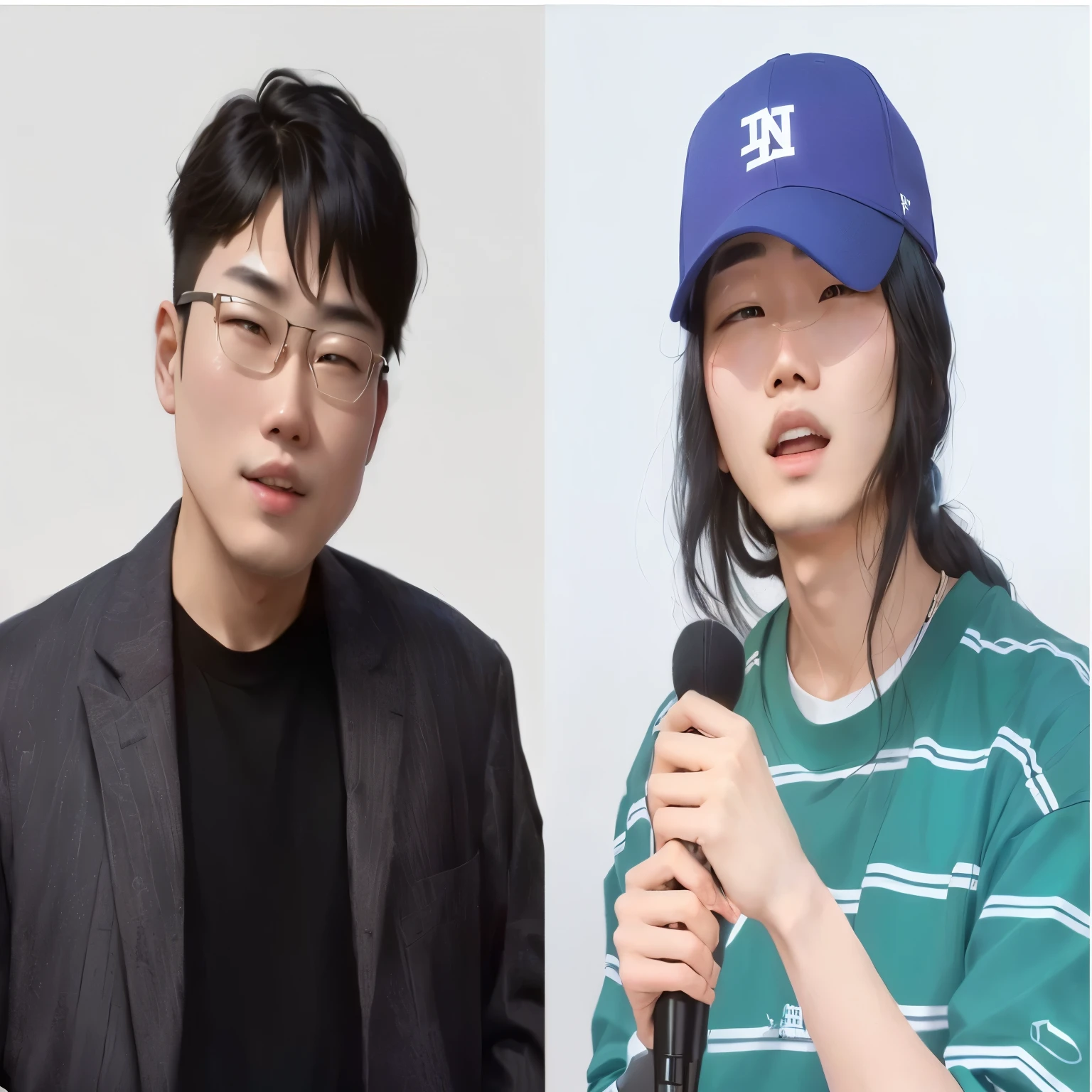 there are two people that are standing next to each other, kda and sam yang, korean idol, james jean and fenghua zhong, nixeu and sakimichan, joon ahn, jaeyeon nam, ruan jia and fenghua zhong, by Jang Seung-eop, frank franzzeta and sakimichan, korean artist, recreate this two person back to back