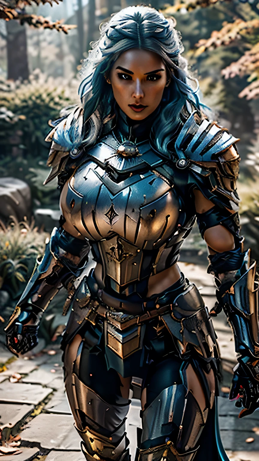 8K,asgard female warrior with very big breasts,Super beautiful(like the real thing),black very large chest armor,realistic skin,luxury black pants,Has a large, long black spear,sexy,muscular slim body,ripped abs,black shoulder armor,black waist armor,black leg armor,desert, rich colors, Backlight, cinematic lighting, film grain, RAW, 50mm lens,nikon D850,ultra high resolution,Super realistic,goddess,battle scene,action scene,action pose,shine a light on the face, long wavy blue hair, the Witcher, the Witcher armor, yennefer, running in the forest
