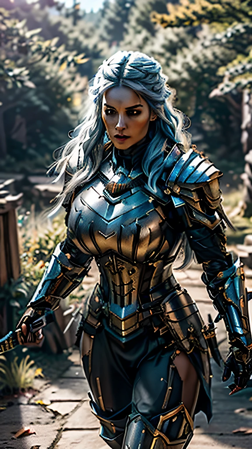 8K,asgard female warrior with very big breasts,Super beautiful(like the real thing),black very large chest armor,realistic skin,luxury black pants,Has a large, long black spear,sexy,muscular slim body,ripped abs,black shoulder armor,black waist armor,black leg armor,desert, rich colors, Backlight, cinematic lighting, film grain, RAW, 50mm lens,nikon　D850,ultra high resolution,Super realistic,goddess,battle scene,action scene,action pose,shine a light on the face, long wavy blue hair, the Witcher, the Witcher armor, yennefer, running in the forest 