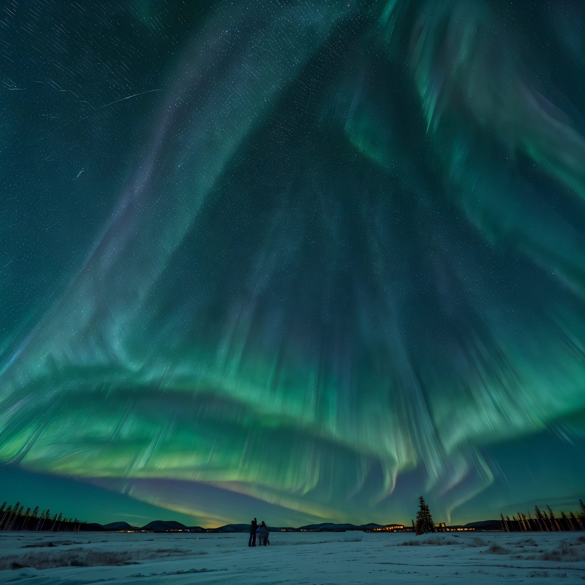 View of the night starry sky and northern lights somewhere in Finland in winter, a group of tourists taking photos against the background