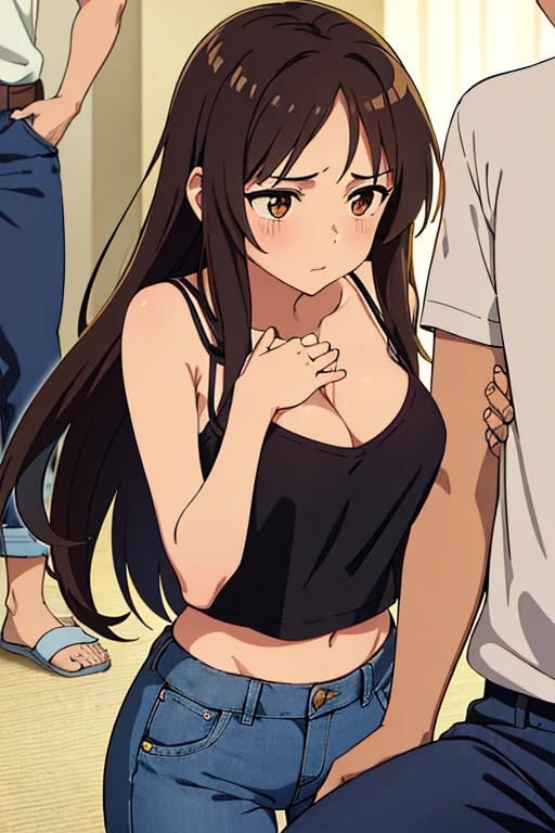 ((best quality)), ((masterpiece)), (detailed), perfect face, brown skin anime girl in a deep V neck cami top, (jeans trousers), the girl famished in hunger, (the girl gently resting hands on stomach), (the girl has long hair), (hands on her stomach), hugging a boy, (boy wearing a shirt and trousers)