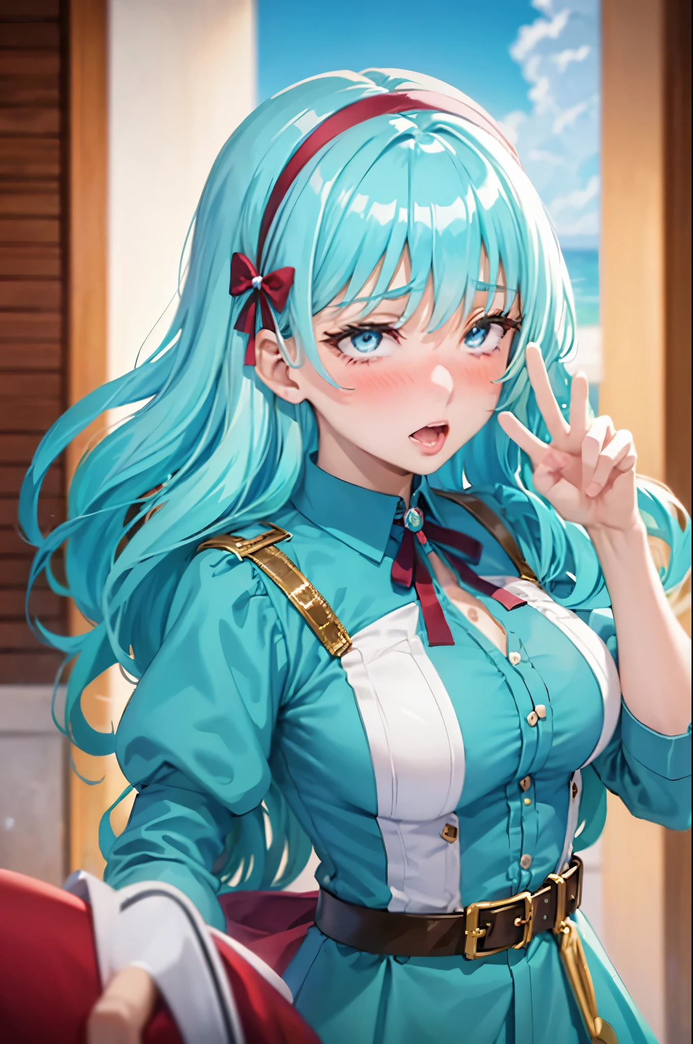 peace sign,(masterpiece, best quality), intricate details, 1girl, aqua hair, medium hair, blue eyes,, dress, red dress, hat, witch hat, belt indoors,ahg rolling eyes tongue((((blush)))),(cleatched teetch)
