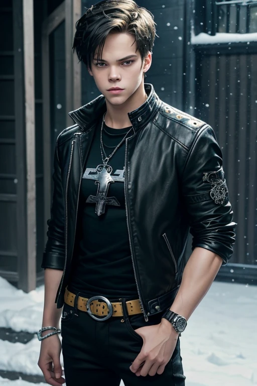 Alexander Calvert 20-year-old boy with open black jacket, blue t-shirt with snow print, short black hair, punk style, yellow locks, black jeans, green eyes, black leather belt, silver buckle, slim muscular build, cross medallion, silver bracelet, looking straight at the viewer