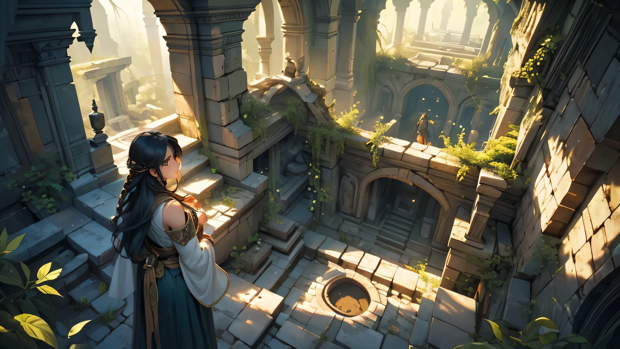 (best quality,4k,8k,highres,masterpiece:1.2),ultra-detailed,(realistic,photorealistic,photo-realistic:1.37),HDR,UHD,studio lighting,ultra-fine painting,sharp focus,physically-based rendering,extreme detail description,professional,vivid colors,bokeh, portraits, landscape, horror, anime, sci-fi, photography, concept artists, colorful, ethereal lighting effect from above
a girl with long, braided black hair wearing black and white adventurer clothes is walking down a dark, narrow corridor deep inside ancient ruins. The ruins are carved entirely out of stone and are covered in mysterious markings and symbols. The corridor is dimly lit, with flickering torches placed sporadically along the walls, casting eerie shadows onto the girl's face.
As she ventures further into the ruins, she discovers a large chamber filled with ancient artifacts and treasures. The chamber is bathed in ethereal light coming from above, illuminating the intricate details of the golden statues and jewel-encrusted walls. The girl's eyes widen in awe as she gazes at the mesmerizing sight before her.
The air is heavy with the scent of age and mystery, adding to the sense of adventure and anticipation. The girl's footsteps echo through the chamber as she cautiously walks towards a pedestal in the center. On the pedestal, there is a glowing gemstone that emits a faint, otherworldly light, drawing the girl closer.
Outside the chamber, glimpses of a fantastical landscape can be seen through broken walls and overgrown vegetation. Towering mountains covered in lush greenery reach towards the sky, hinting at the vastness of the world beyond the ruins. The girl's curiosity is piqued as she catches a glimpse of a mythical creature flying gracefully in the distance.
The colors in the scene are vibrant and surreal, with a mix of deep blues, vibrant greens, and warm golden hues. The highlights and shadows create a dramatic contrast, enhancing the realism and depth of the image. The overall atmosphere is fil