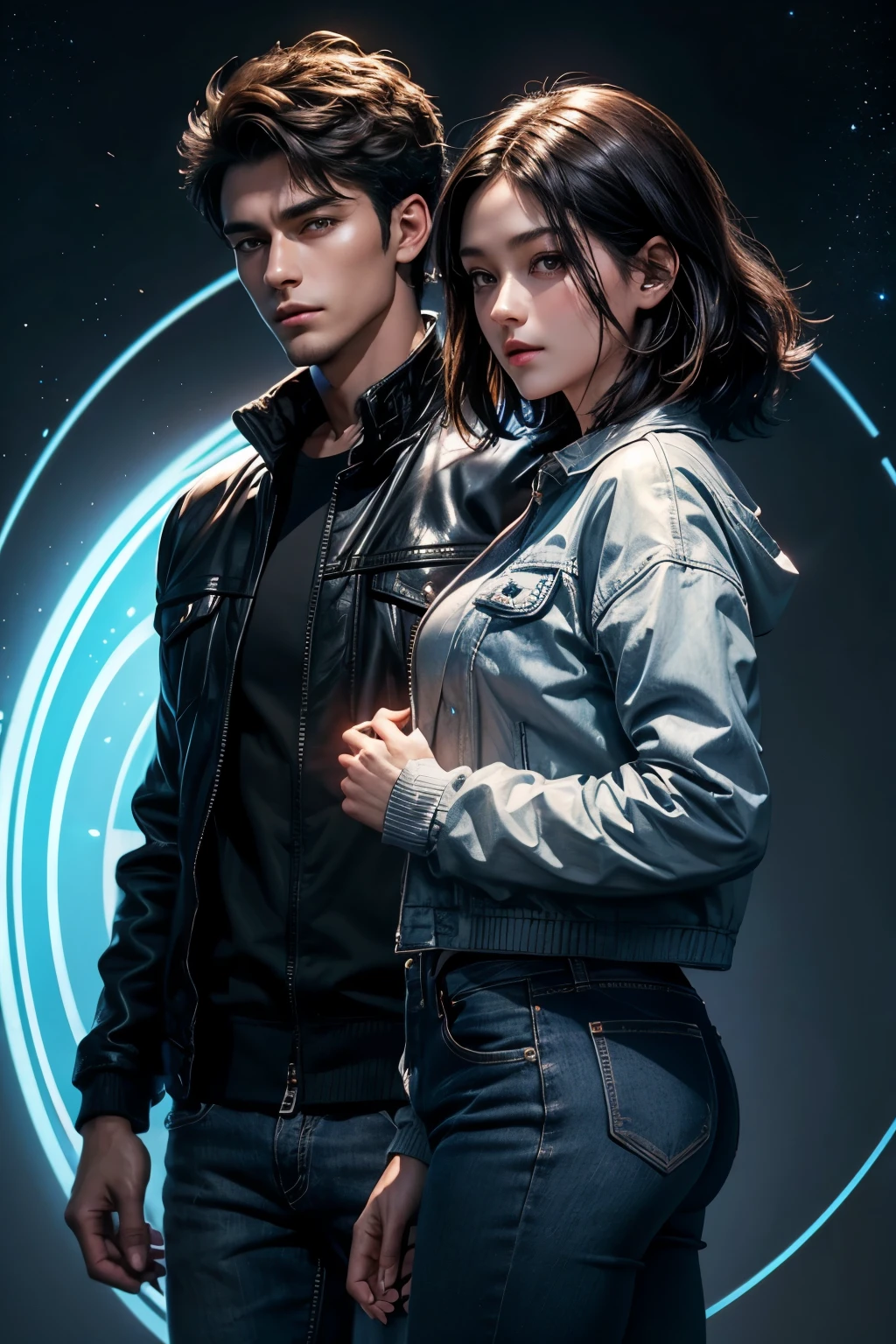With one handsome man、One beautiful woman。Twenty en have short black hair。The woman has dark brown hair。Wearing a jacket and jeans。A portal emitting a pale blue light appeared in the space behind them.。Masterpiece。4K quality。