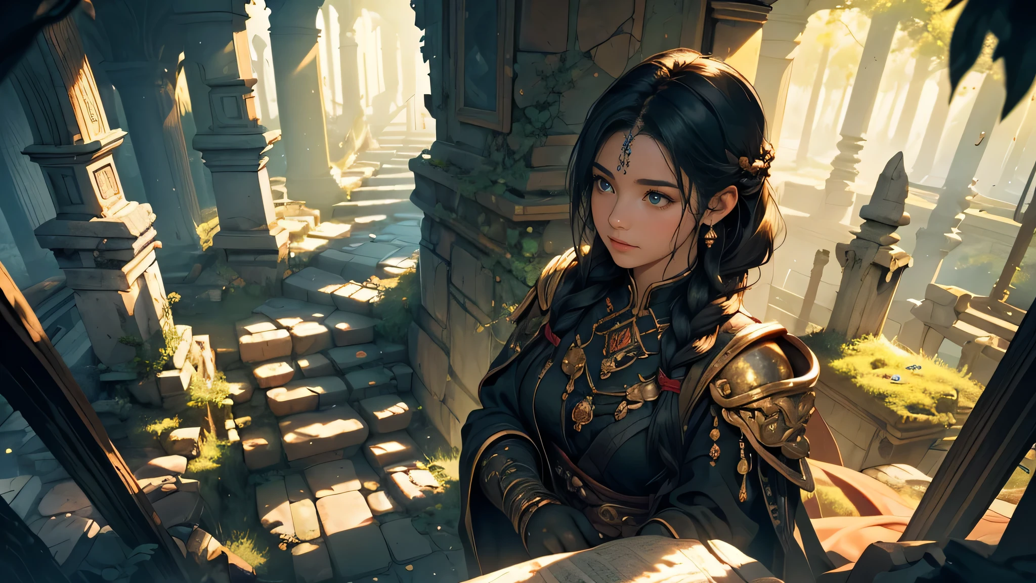 (best quality,4k,8k,highres,masterpiece:1.2),ultra-detailed,(realistic,photorealistic,photo-realistic:1.37),HDR,UHD,studio lighting,ultra-fine painting,sharp focus,physically-based rendering,extreme detail description,professional,vivid colors,bokeh, portraits, landscape, horror, anime, sci-fi, photography, concept artists, colorful, ethereal lighting effect from above
a girl with long, braided black hair wearing black and white adventurer clothes is walking down a dark, narrow corridor deep inside ancient ruins. The ruins are carved entirely out of stone and are covered in mysterious markings and symbols. The corridor is dimly lit, with flickering torches placed sporadically along the walls, casting eerie shadows onto the girl's face.
As she ventures further into the ruins, she discovers a large chamber filled with ancient artifacts and treasures. The chamber is bathed in ethereal light coming from above, illuminating the intricate details of the golden statues and jewel-encrusted walls. The girl's eyes widen in awe as she gazes at the mesmerizing sight before her.
The air is heavy with the scent of age and mystery, adding to the sense of adventure and anticipation. The girl's footsteps echo through the chamber as she cautiously walks towards a pedestal in the center. On the pedestal, there is a glowing gemstone that emits a faint, otherworldly light, drawing the girl closer.
Outside the chamber, glimpses of a fantastical landscape can be seen through broken walls and overgrown vegetation. Towering mountains covered in lush greenery reach towards the sky, hinting at the vastness of the world beyond the ruins. The girl's curiosity is piqued as she catches a glimpse of a mythical creature flying gracefully in the distance.
The colors in the scene are vibrant and surreal, with a mix of deep blues, vibrant greens, and warm golden hues. The highlights and shadows create a dramatic contrast, enhancing the realism and depth of the image. The overall atmosphere is fil