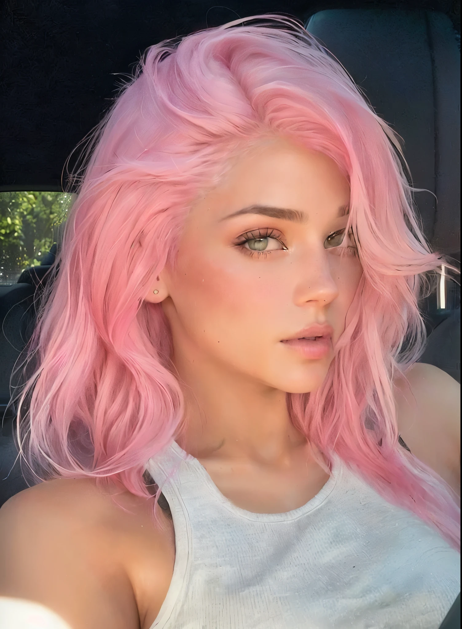 arafed woman with pink hair in a car with a phone, pink wispy hair, bubblegum hair, pink straight hair, with pink hair, pink hair, light pink hair, light pink hair with pink flames, kylie jenner, cute girl with short pink hair, glowing pink face, pink short hair, short pink hair, flowing pink hair, pink face