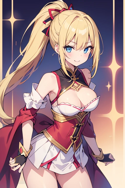 Naughty woman 、、Blonde ponytail、Hair longer than waist、Cosplay Costumes、Ample breasts、slender、Twinkle smile、anime、pale blue eyes