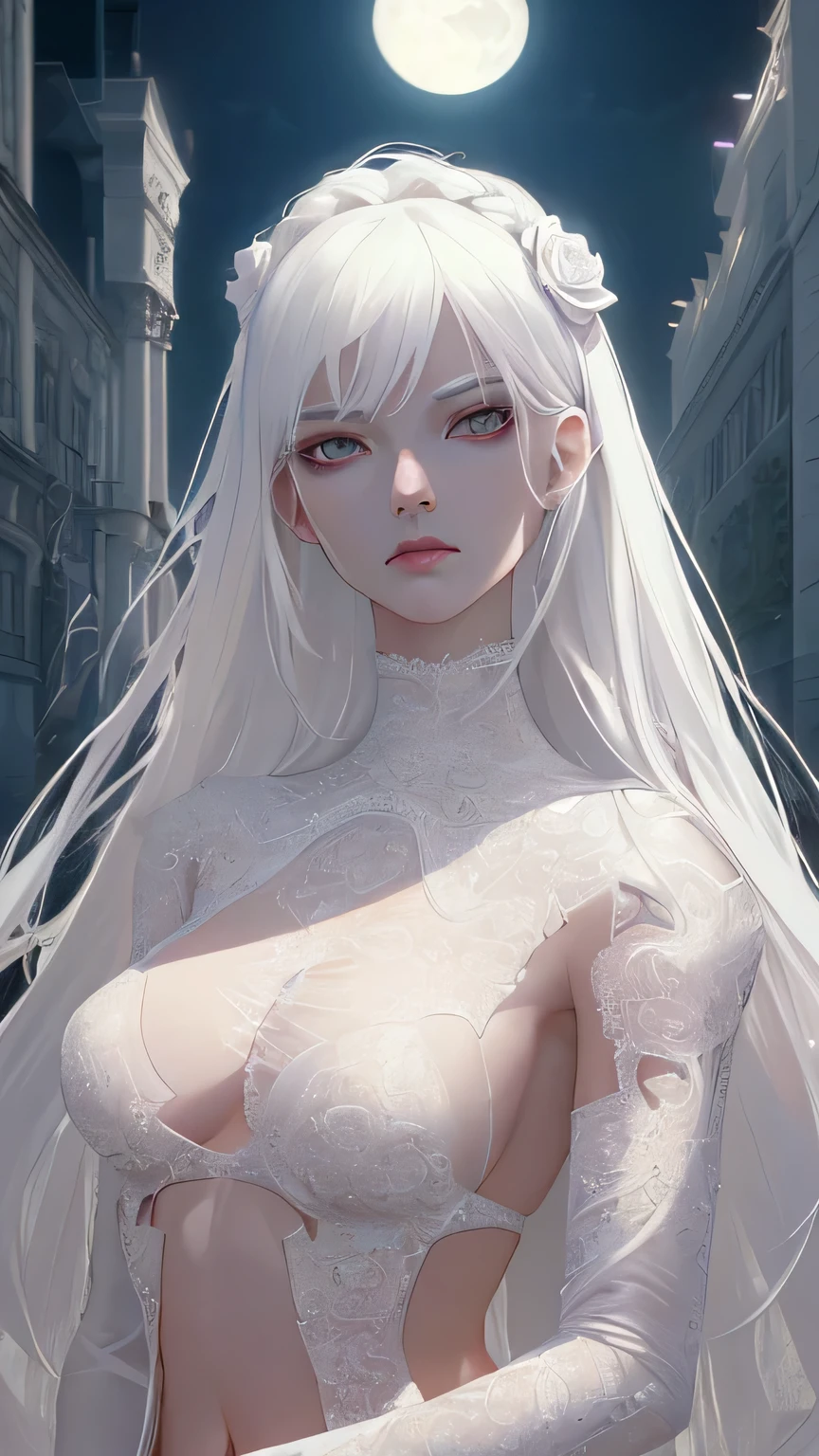 masterpiece, highest quality, (alone focus), (Perfect Face:1.1), (Attention to detail:1.1), (Highly detailed eyes), dramatic, White skin and long, Voluminous white hair, White eyes, alone, Long Hair, moon, night, White luxury suit, Covered navel, Swollen lips, , Arrogant look, rose garden, Detailed Background, Art by artgerm, Cinema Lighting, Rose, fashion, Balenciaga Style