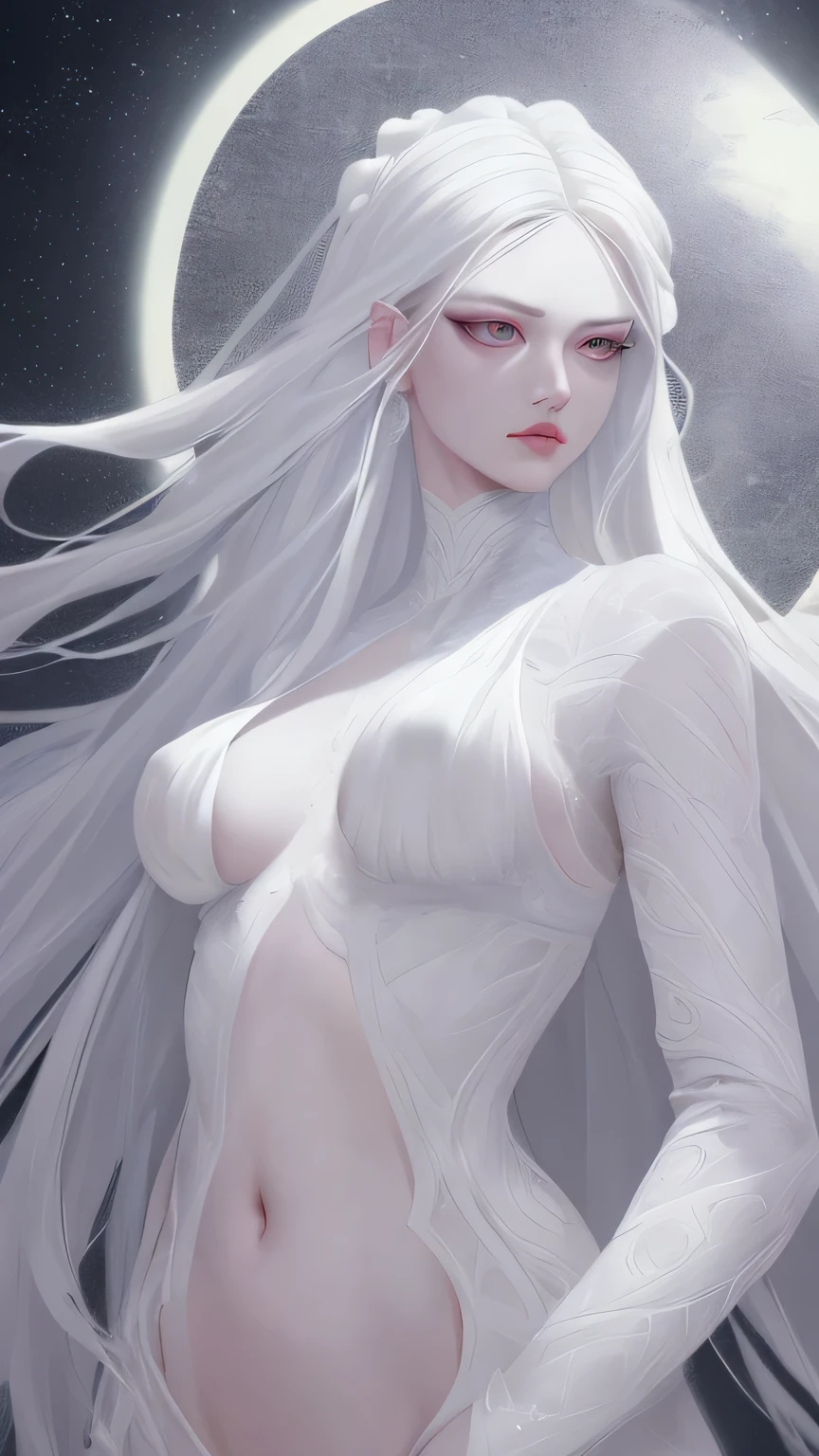 masterpiece, highest quality, (alone focus), (Perfect Face:1.1), (Attention to detail:1.1), (Highly detailed eyes), dramatic, White skin and long, Voluminous white hair, White eyes, alone, Long Hair,  moon, night, White luxury suit, Covered navel, Swollen lips, , Arrogant look, rose garden, Detailed Background, Art by artgerm, Cinema Lighting, Rose, fashion, Balenciaga Style