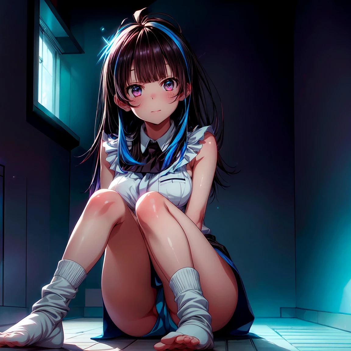 daytime, sunlight, 1 girl, 8K resolution, blue hair, blue eyes, glowing eyes, white short skirt, Blush, Cheongsam costume, sleeveless shirt, sunlight, Wet from the rain, seethrough, Sit with your knees raised, ?????, Spread your legs slightly, smile, the skirt is lifted up, highest quality, High resolution, highly detailed face, perfect lighting, highest detailed CG, (perfect hands, perfect ???????), mini yaemori, perfect figure, in love expression, ??????????, armpit, medium ??????,