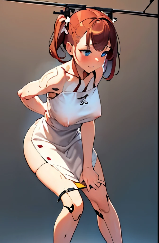 A Female robot is sleeping in the book, spread legs, nude, banzai pose. she wears no dress. She Brown short hair is tied with two big red clothespins, She lifts up the under hem of her white plain dress, leaning over, masterpiece, very short pigtails,brown hair, mature, android, blue eyes, full body figure, Height: 160cm, flushed cheeks, 2020s anime picture, A beautiful robot with short brown hair in two short pigtails held up by two very large huge red clothespins, Uplifting, No NSFW, whole body, barefoot, archaic smile, getting orgasm, 25 years old, sweat bucket.
