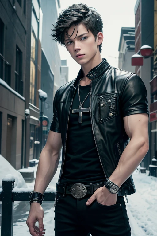 Colin Ford 20-year-old boy with open black jacket, blue t-shirt with snow print, short black hair, punk style, yellow locks, black jeans, green eyes, black leather belt, silver buckle, slim muscular build, cross medallion, silver bracelet, looking straight at the viewer