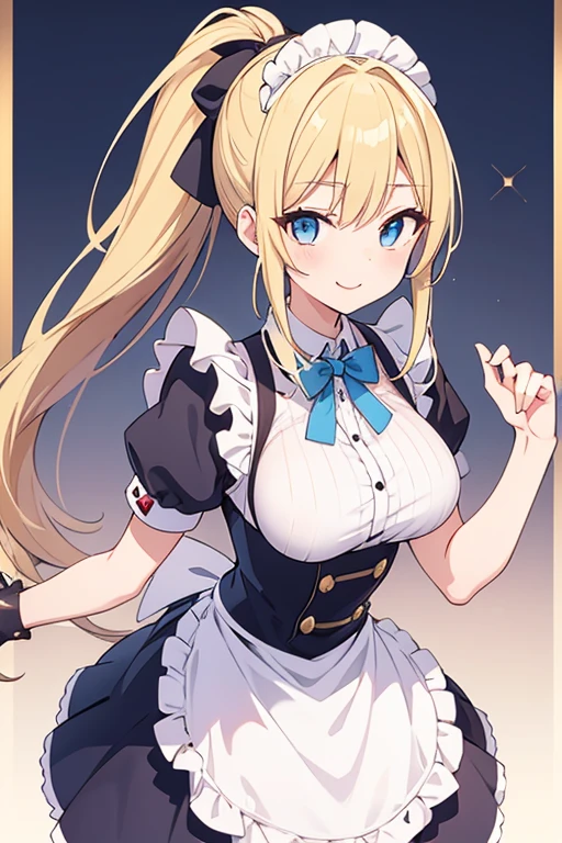 Naughty woman 、、Blonde ponytail、Hair longer than waist、Wearing maid uniform、Ample breasts、slender、Twinkle smile、anime、pale blue eyes