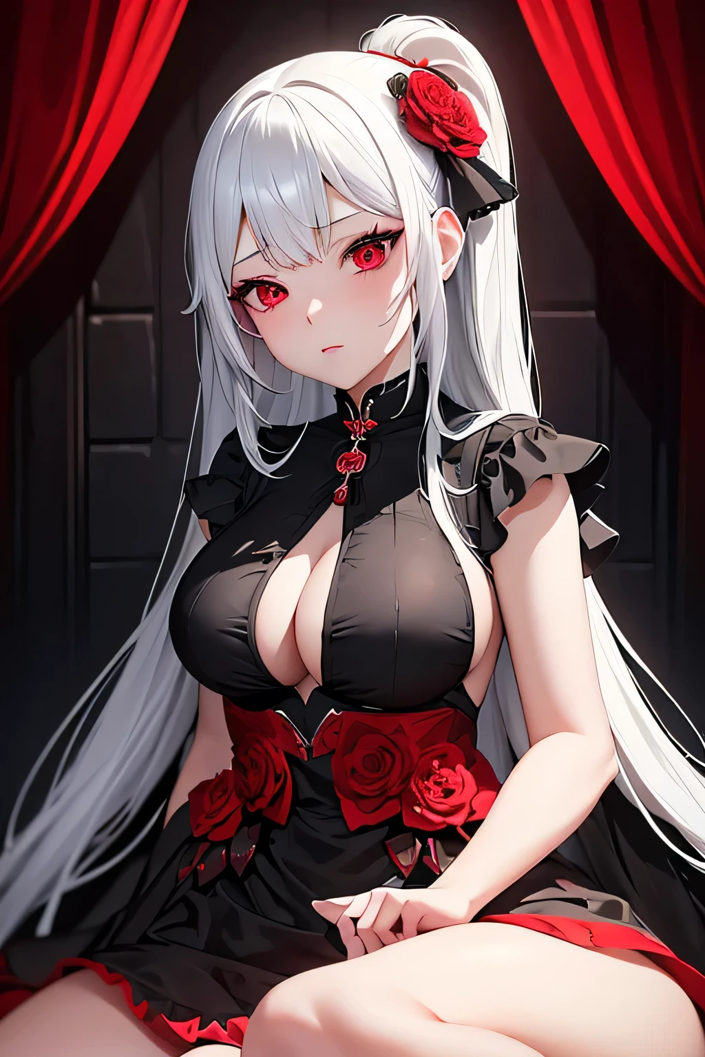 woman in a black white and red dress, girl wearing a black and red dress, in dress, beautiful alluring woman, cute waifu in a nice dress, gothic maiden girl, red eyes, white hair, 8k high quality detailed art, beautiful anime girl, guweiz, beautiful anime woman, attractive anime girl