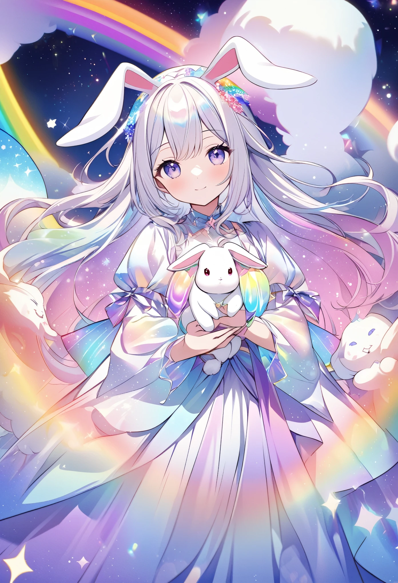 "Create an illustration of a mystical character holding a white rabbit, with light-colored hair adorned with a bow resembling rabbit ears. The character is wearing a shiny, iridescent blouse that reflects various colors. The background should be a celestial, starry sky transitioning into a vibrant rainbow spectrum, giving off an ethereal and magical vibe."