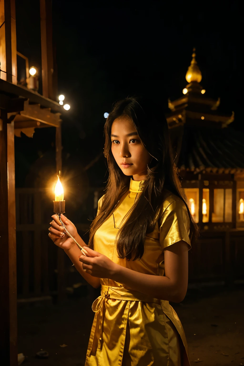 The girl, real person, Burmese, fair complexion, wearing myanmar traditional clothes, has long hair and limpid eyes. She's standing in front of the glorious pagoda in a fire festival at a monastery. The fire featival so grate. That time is night. Candles light and lantern light are bright.