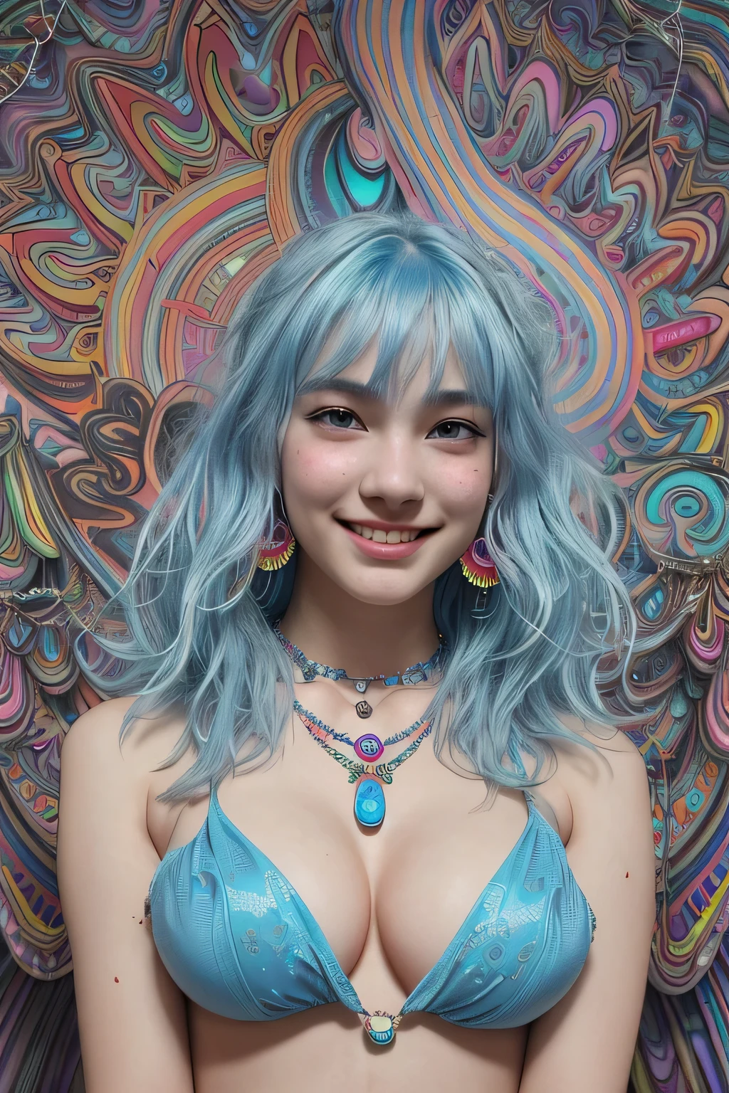 (extra detailed body、extra detailed face、best qualtiy:1.2)、female、looking at the viewers、(light blue hair, light blue hair,、sixteen years old、a smile、Large shoulder-length piercings、a necklace、hippy)、(Psychedelic wall on background:1.4) perfectly big , cleavage, ultra realistic, hyper detailed