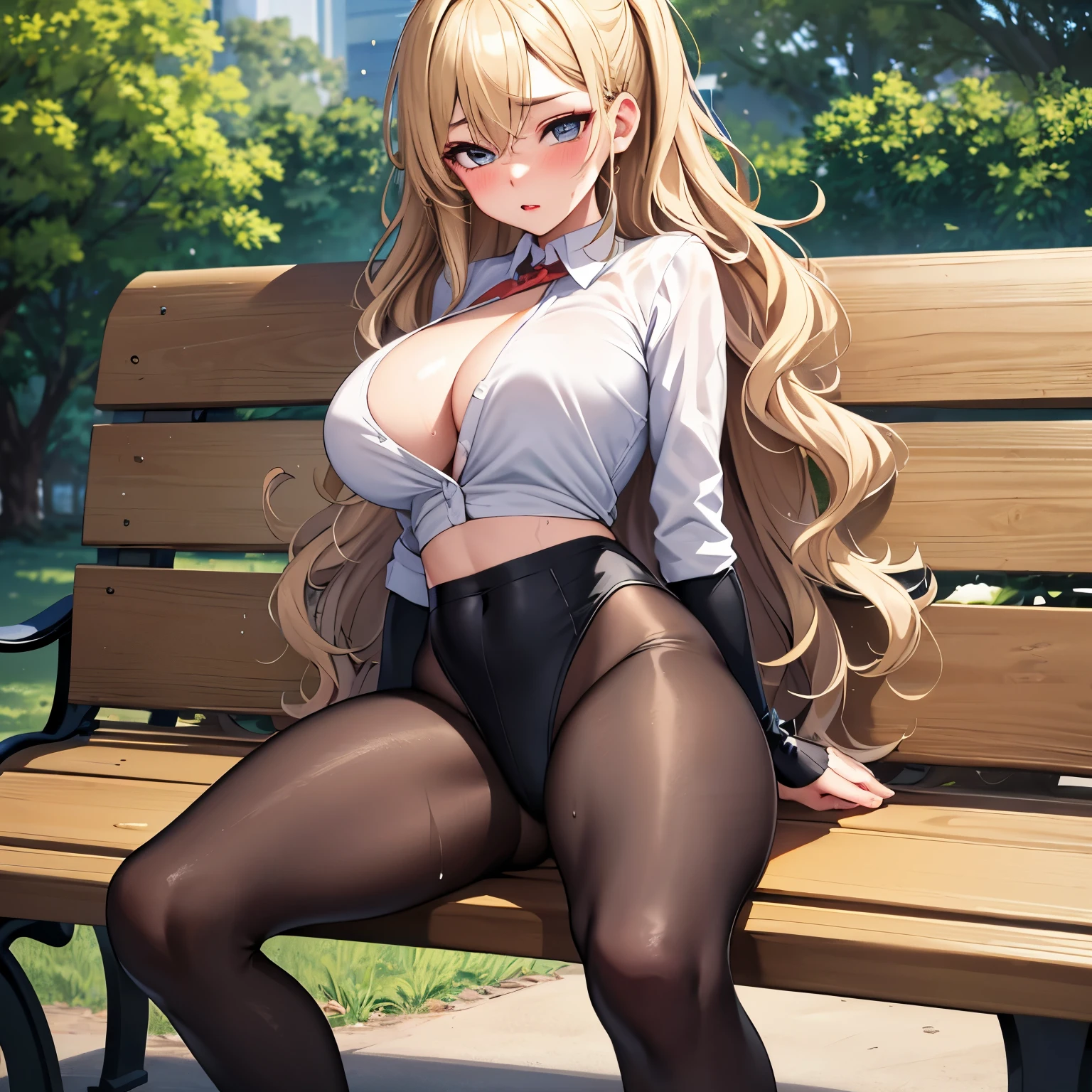 (masterpiece,highest quality, detailed), One girl, alone, Park bench,Clear skies, black tights,bikini, Sweat, Ahegao, Roll your eyes, blush, naked、Blonde,Messy wavy long hair,Big Breasts