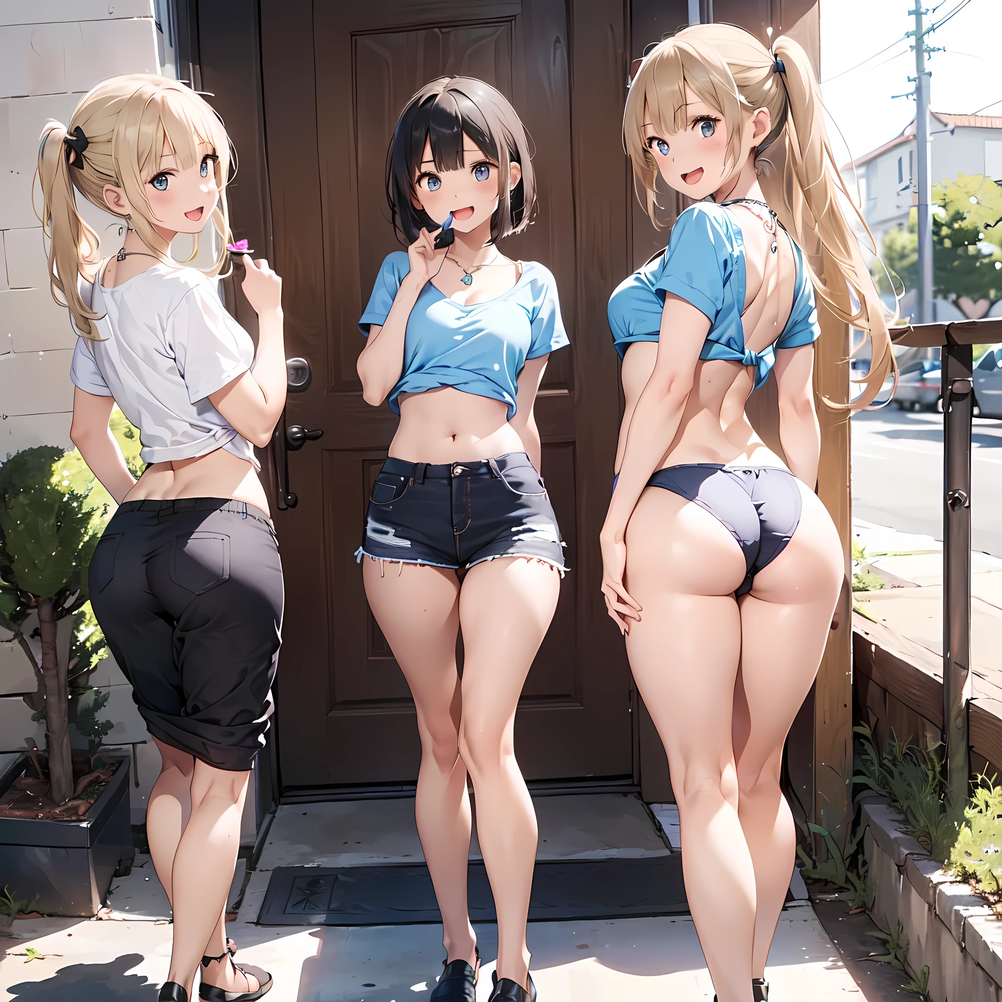 (three girls are sticking out their big butt boldly:1.5), (big butt), Laughing with your mouth open, (slender), hair band, Headband, hair bobbles, brown hair, blond hair, navel, jewelry, looking at viewer, necklace, long hair, short hair, Abdominal muscles, (Very thin T-back),