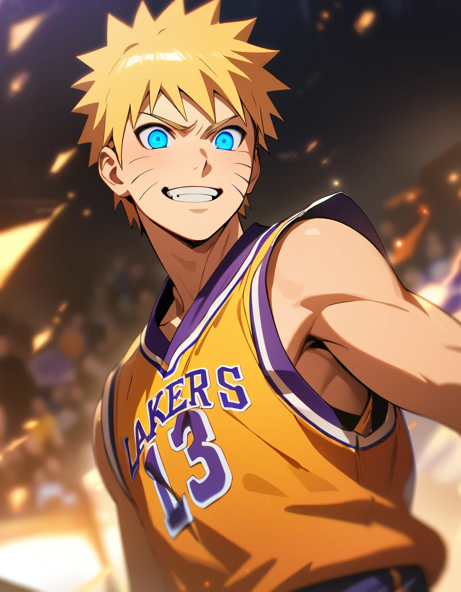 1boy, male focus, uzumaki naruto \(naruto\), lakers jersey, yellow jersey, medium shot, blue eyes, glowing, glowing eyes, jersey, basketball player, solo, smile, red hair, , (masterpiece), best quality, very aesthetic, perfect face