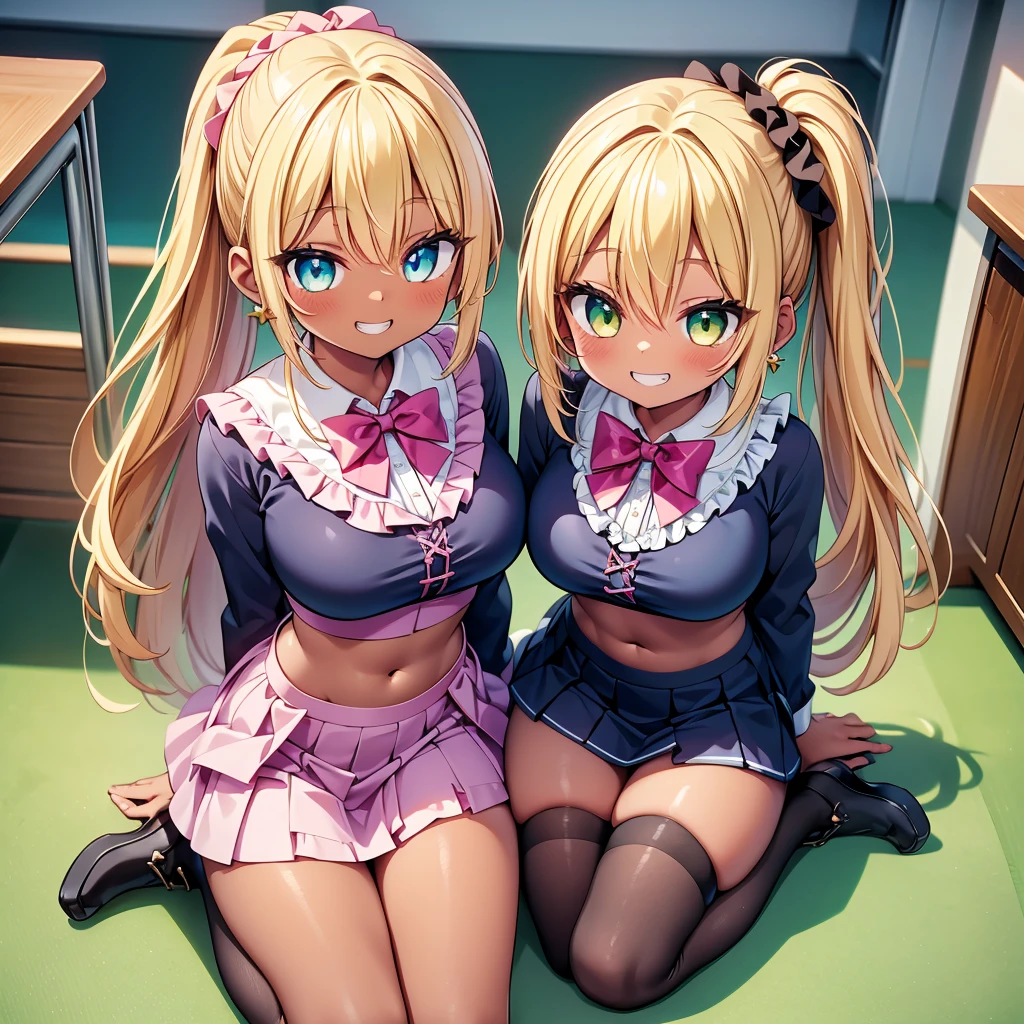 (cute eyes:1.2), (sparkling eyes:1.2), (8K、Best image quality、highest quality、masterpiece)、Detailed face、(2 girls)、Improve、((Brown Skin:1.3))、blonde、Low Ponytail、Scrunchie、Yellow Eyes、Earrings、Wicked Smile、((Grin))、(skinny body:1.3), (huge breasts:1.1), (magical pink girl outfit,frill mini skirt:1.1), (Open clothes:1.1), Sit on a chair、whole body、Taken from above、Classroom Background、 (black stockings:1.1), (Thighs), (Waistline)