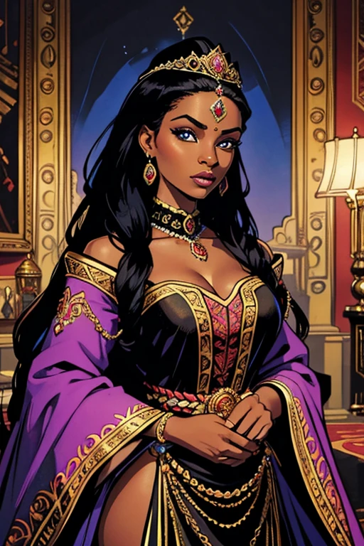 beautiful black princess, determined, detailed eyes, vibrant colors, royal attire, confident posture, regal setting, medium: oil painting, ultra-detailed, highres, vivid colors, majestic lighting