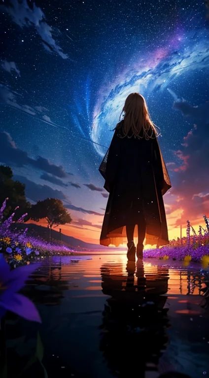 1people々々々々々々々々,Blonde long-haired woman,Long coat, Dress Silhouette, Rear View,Space Sky, Flower Field,Colorful flowers
