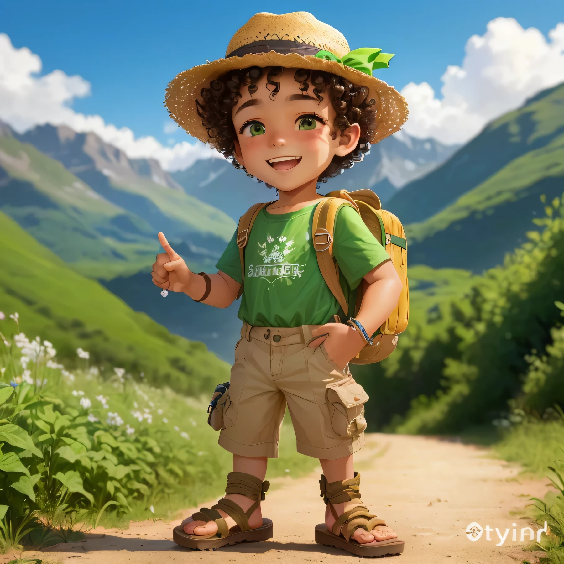 A boy with curly hair and a friendly expression. He is wearing a green shirt with the text FWT, along with a straw hat. A backpack is slung over his shoulders, suggesting he may be embarking on an adventure or journey. His attire also includes khaki shorts and Brazilian-emblazoned sandals, which add to the overall theme of his outdoor appearance. The character makes a positive gesture, conveying a sense of enthusiasm or approval.