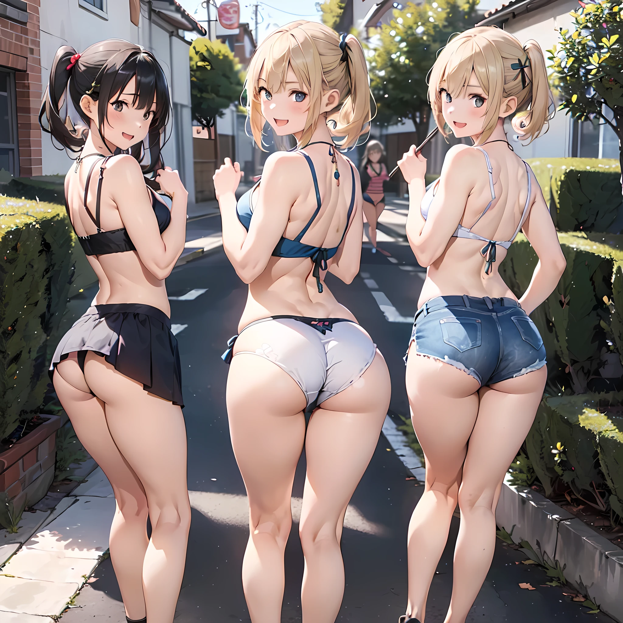(three girls are sticking out their big butt boldly:1.5), (big butt), Laughing with your mouth open, (slender), hair band, Headband, hair bobbles, brown hair, blond hair, navel, jewelry, looking at viewer, necklace, long hair, short hair, Abdominal muscles, (Very thin T-back),