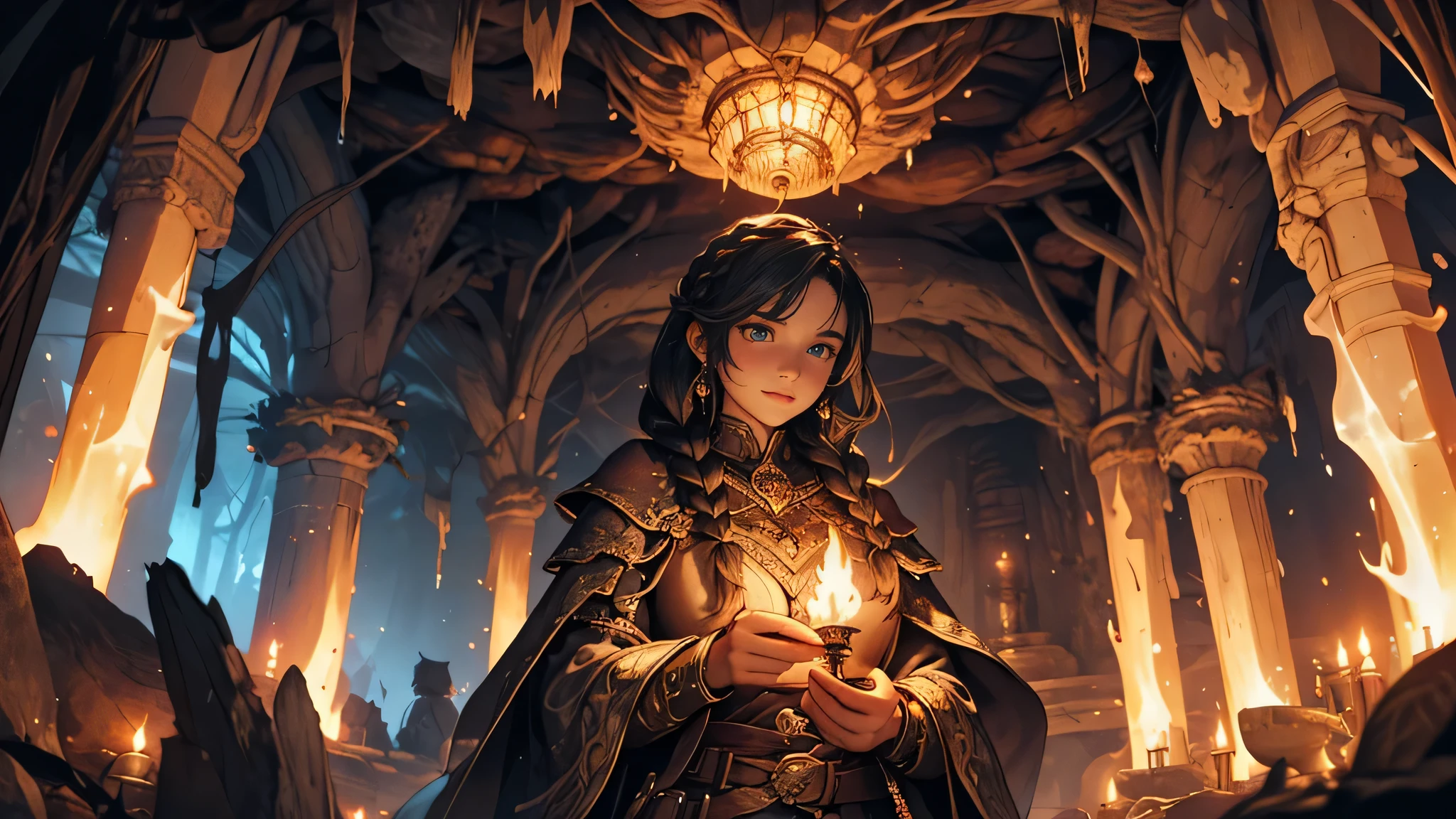 In a dark underground cave, picture a girl with long braided black hair standing tall. She is wearing a black and white adventurer shirt that complements her fearless aura. The cave walls are adorned with ancient writings in a fantasy theme, telling stories of forgotten realms and mythical creatures.

The girl holds a torch, illuminating her surroundings with a warm glow. The flame dances delicately, casting eerie shadows and revealing intricate details of the cave. The torchlight flickers across her face, highlighting her determined expression and bright eyes, which seem to hold both curiosity and wisdom.

The cave is filled with an air of mystery and adventure. Stalactites hang from the ceiling, dripping with ancient water that has carved magnificent formations over time. Stalagmites rise from the cave floor, creating an otherworldly landscape.

The girl's presence in the cave signifies her bravery and thirst for knowledge. With each step she takes, she uncovers the secrets of this hidden world, eager to unveil the stories trapped within the ancient writings. The cave echoes with a whisper of magic, promising thrilling adventures and unexpected discoveries.

The artwork depicting this scene should be of the best quality, with ultra-detailed elements, such as the intricate braids in the girl's hair and the intricate patterns of the cave wall writings. The lighting should be realistic and dramatic, with the torchlight creating deep shadows and highlighting the girl's features. The color palette should evoke a sense of darkness and mystery, with deep tones and pops of warm light from the torch.

Overall, the prompt should capture the essence of a courageous girl exploring a fantastical underground cave, filled with ancient writings and the promise of epic adventures.