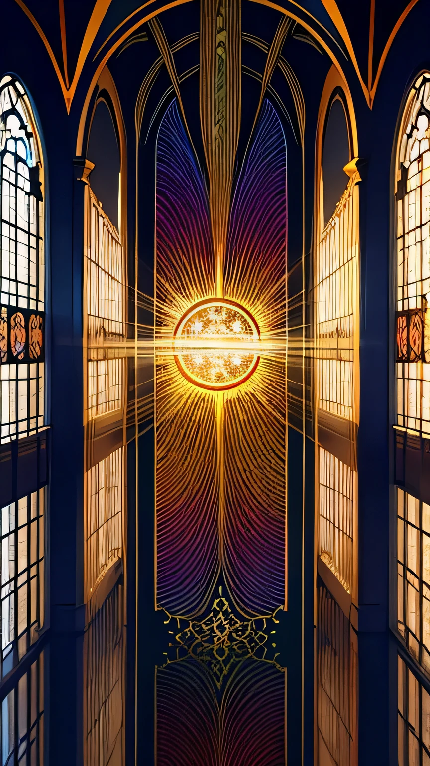 Sun goddess face portrait,long curly hair,blonde,Sun Frame,god々Shining brightly,In the sanctuary,Decorative panel, Abstract art, By Alfonse Mucci (masterpiece, highest quality, High resolution:1.4), detailed, Complex details, 4K, Splashes of color, Line art, Fibonacci,