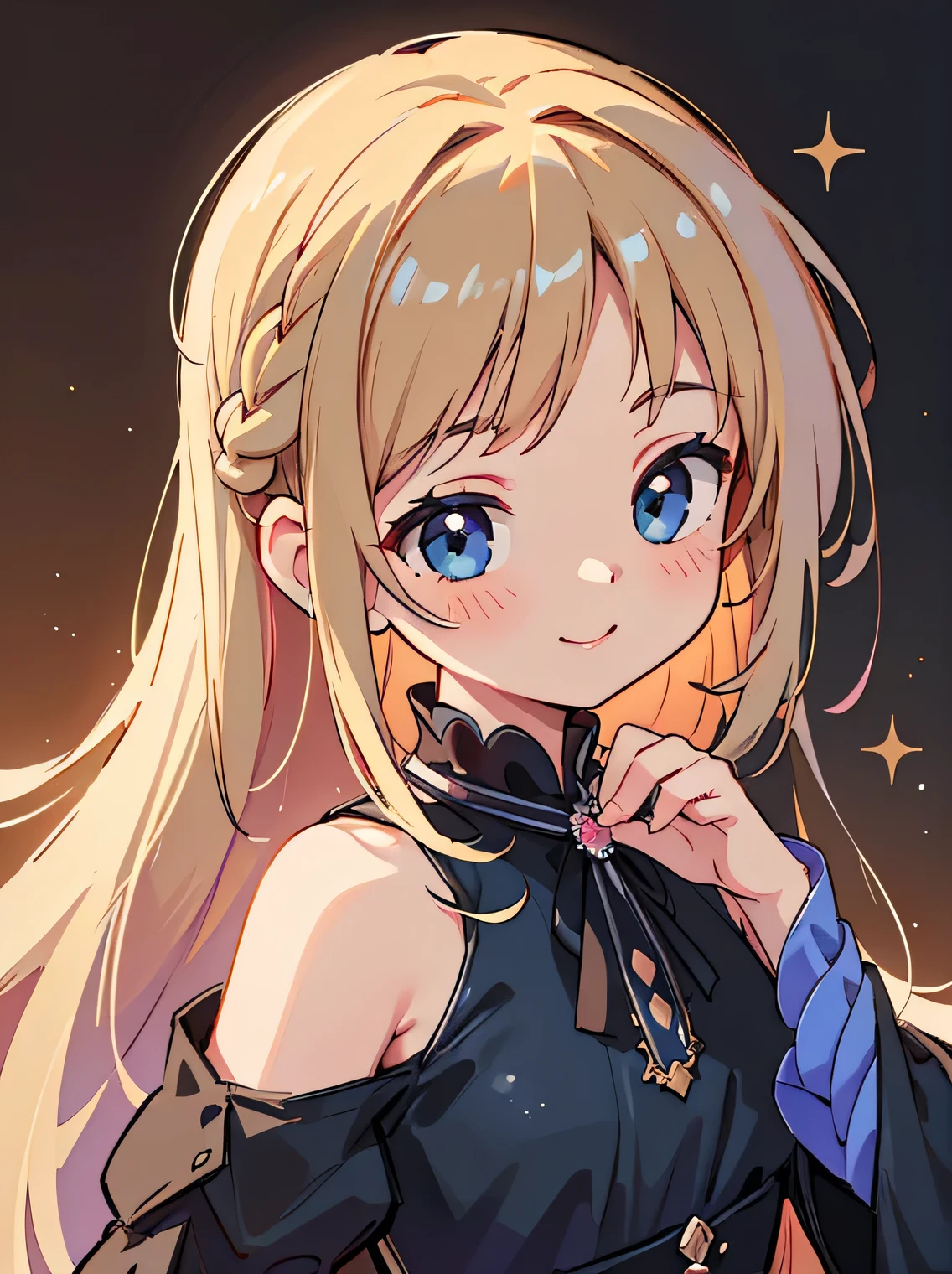 (best quality,4k,8k,highres,masterpiece:1.2), ultra-detailed, (deformed, photorealistic, photo-realistic:1.37), One girl, glitter, kawaii, cute, , chilren, aristocrat, gorgeous, confident, smiling strong, shining blue eyes, jeweled ribbon, long fluffy blond hair braided, one hand in her hair, gorgeous black dress for dancing, black gloves, the background is a luxurious party venue.