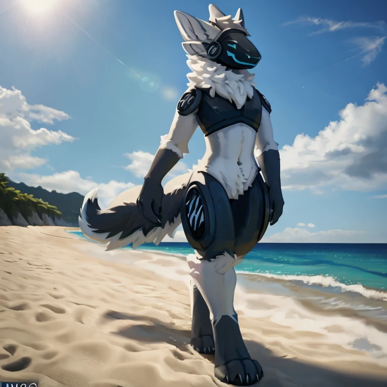 A tall, twink, femboy protogen with fluffy half black and half white fur covering his body, four ears, white visor, nude, walking along a beach, alone, sunny day, best quality, 4K, UHD, masterpiece, pawpads, black pawpads,