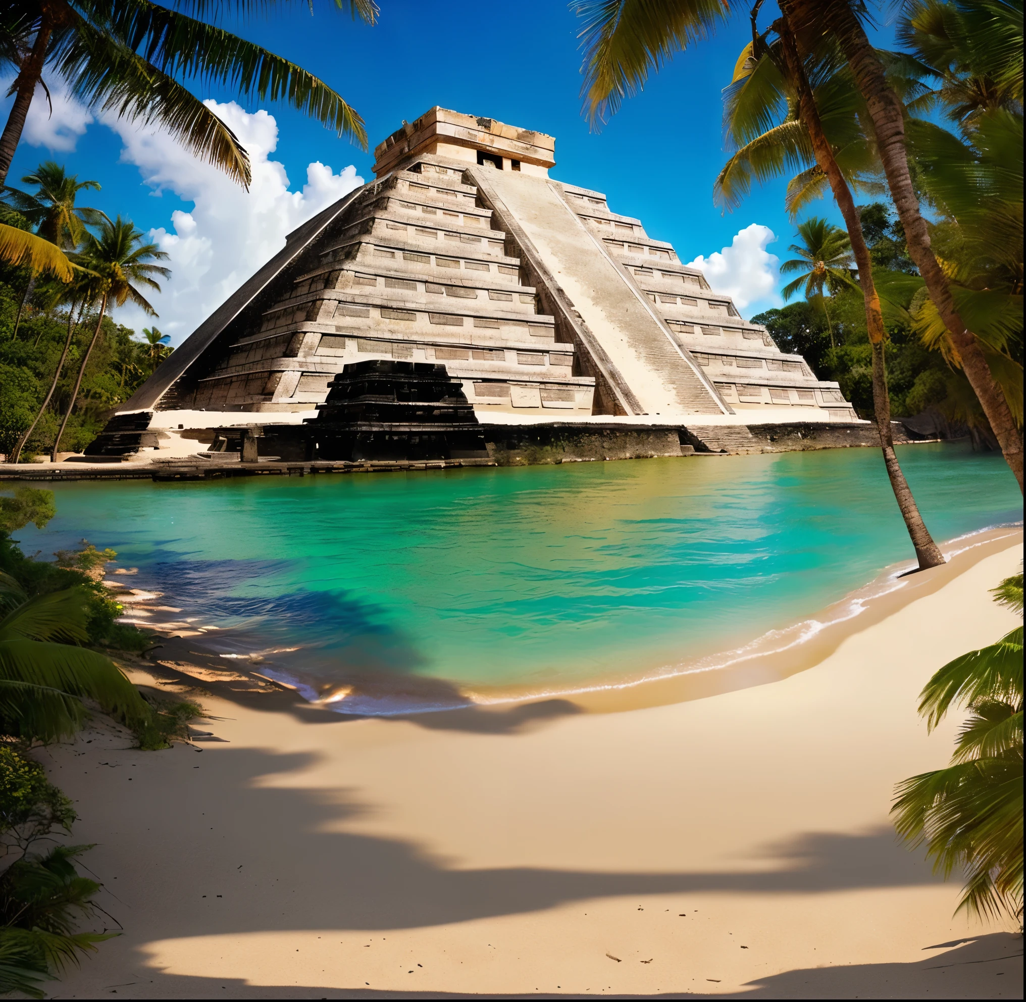 rafed pyramid in the middle of a beach with a body of water, pyramid surrounded with greenery, mayan temple in the jungle, mayan style, an aztec city in a island lake, temple of the sun, maya temples, ancient megastructure pyramid, aztec architecture, mayan, lost world pyramid, classic mayan mythology, ancient pyramid, pyramid, mexico, ziggurat