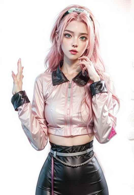 young woman, bubblegum pink hair tied in a bun, wide forehead, porcelain skin, pink eyebrows, emerald green eyes, upturned nose, thick pink lips, heart-shaped face, dark red clothes, Sakura Haruno, realism, well detailed, 3d
