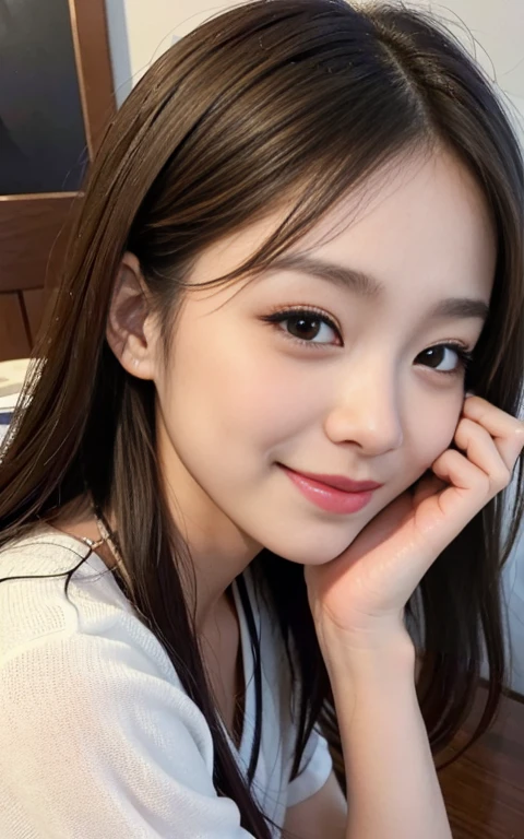 Close-up of a woman sitting at a table with her hand on her chin, Illustration by Torii Kiyomoto, Instagram, tachisme, Woman cute beautiful face, With a cute - lovely - face, Young and adorable Korean face, Korean Girls, Adult women, Young and pretty girl, Beautiful woman, Beautiful Japanese girl face smile Realistic Skin high resolution