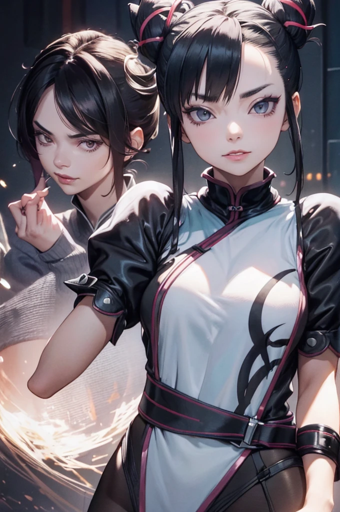 juri han,olhar penetrante,oculos no rosto,melhor qualidade,roupa azul,juri han,solo, masterpiece, best quality, agrias, grey sweater, black leotard, standing, looking at viewer, short hair,oculos,evil smile, evil look,luvas preta,roupa azul,yandere rosto,low lighting,coxa sarada copo detalhado,olhando para frente juri han,bela
