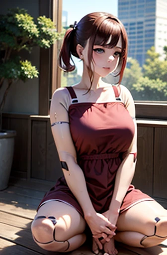 A Female robot is sleeping in the book, spread legs, nude, banzai pose. she wears no dress. She Brown short hair is tied with two big red clothespins, She lifts up the under hem of her white plain dress, leaning over, masterpiece, very short pigtails,brown hair, mature, android, blue eyes, full body figure, Height: 160cm, flushed cheeks, 2020s anime picture, A beautiful robot with short brown hair in two short pigtails held up by two very large huge red clothespins, Uplifting, No NSFW, whole body, barefoot, archaic smile, getting orgasm, 25 years old, sweat bucket.