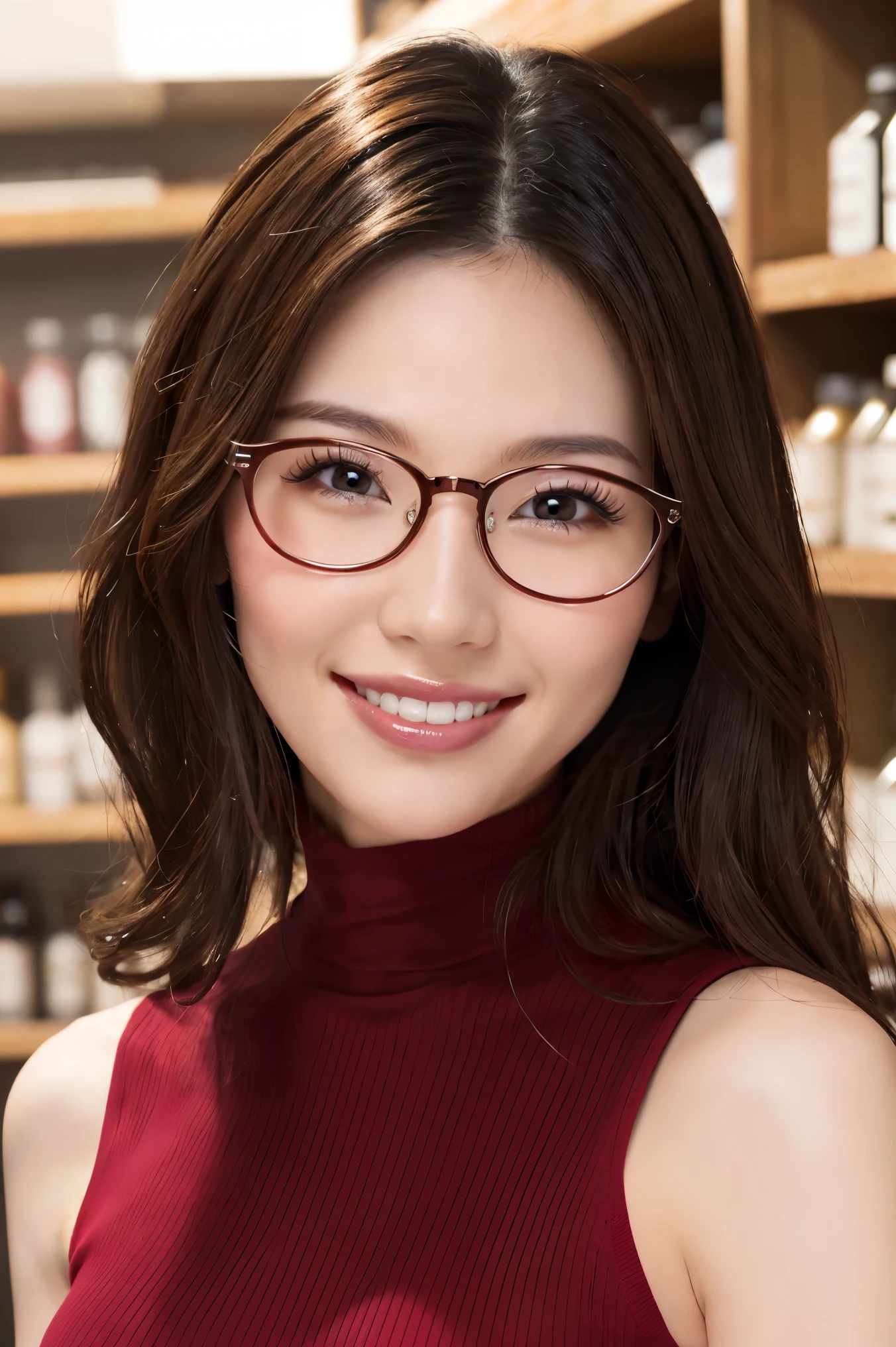 (highest quality、masterpiece、8k、Best image quality、Hyperrealism、Award-winning works)、(1 45 year old mature woman:1.2)、(Wrinkled face:1.1)、(Slender body:1.1)、(Big Breasts:1.2)、The most elegant long wavy hairstyles、(Accentuate your body lines:1.1)、(Tight wine red sleeveless turtleneck knit dress:1.2)、(Standing Elegantly:1.2)、(Meat specialty store:1.2)、(Strongly blurred background:1.2)、The most natural and perfect meat specialty store、Meat is sold in bulk、The most natural interior, Perfectly organized、(Shelves full of meat:1.2)、(There is a lot of meat lined up:1.2)、(Beautiful skin that shines Very brightly:1.4)、(Very bright:1.4)、walk gracefully down the aisle、The best smile he had when he saw me、Upper body photo、Accurate anatomy、Perfect Makeup、Long eyelashes、Bright lipstick、Beautiful glossy lips、Ultra-high resolution glossy skin、Ultra-high resolution, Glowing Skin、Ultra-high resolutionの光沢のある唇、(Ultra-high resolution beautiful teeth:1.1)、(Elegant round glasses:1.1)