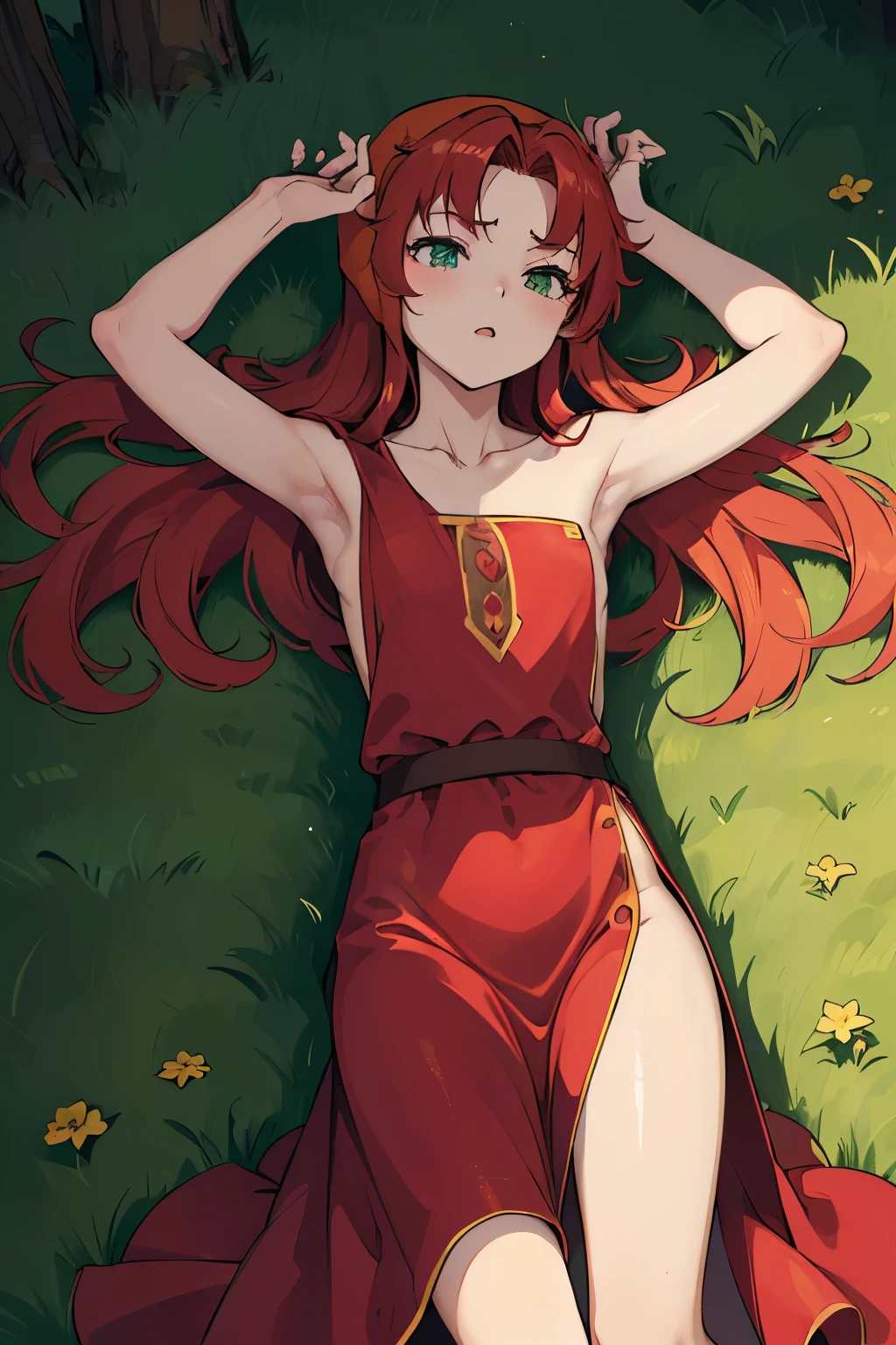 High resolution、highest quality、Small stature、Small shoulders、White skin、long hair、slender、maribel、 red hair、hood, (((green dress)))、Wide open slit、blush、Thin thighs、((No underwear、Lower body naked、Lying on the ground、Lying on the ground、Underarm、flank))、Daytime Grassland