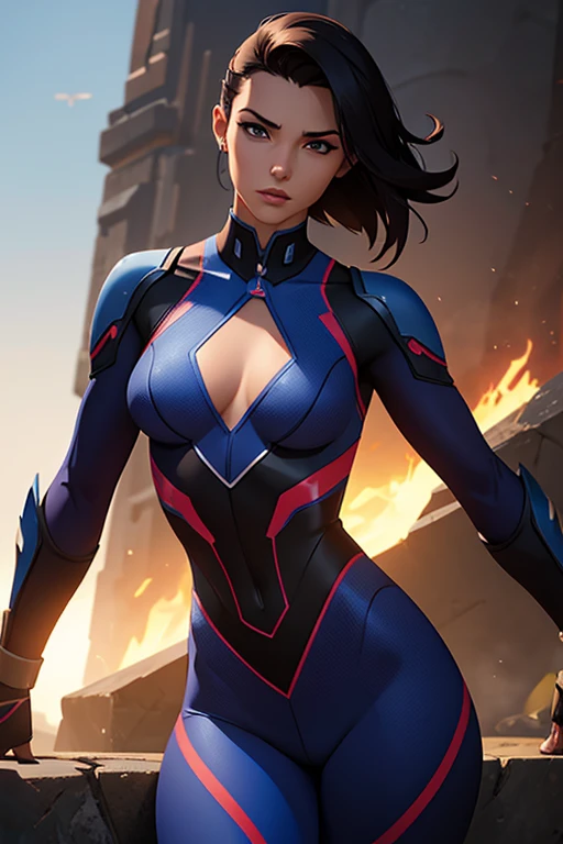 Masterpiece, digital artwork, A gorgeous woman, sidecut hair, small breasts, skimpy outfit, highly detailed, dynamic volumetric lighting,