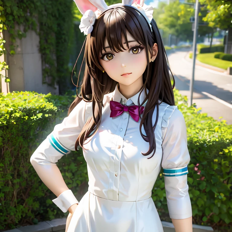 there is a woman in a bunny suit posing for a picture, gorgeous maid, cosplay of a catboy! maid! dress, twintails white_gloves, smooth white tight clothes suit, anime girl cosplay, a sexy maid in a magical forest, wearing white leotard, maid outfit, milky white skin, anime girl in a maid costume
